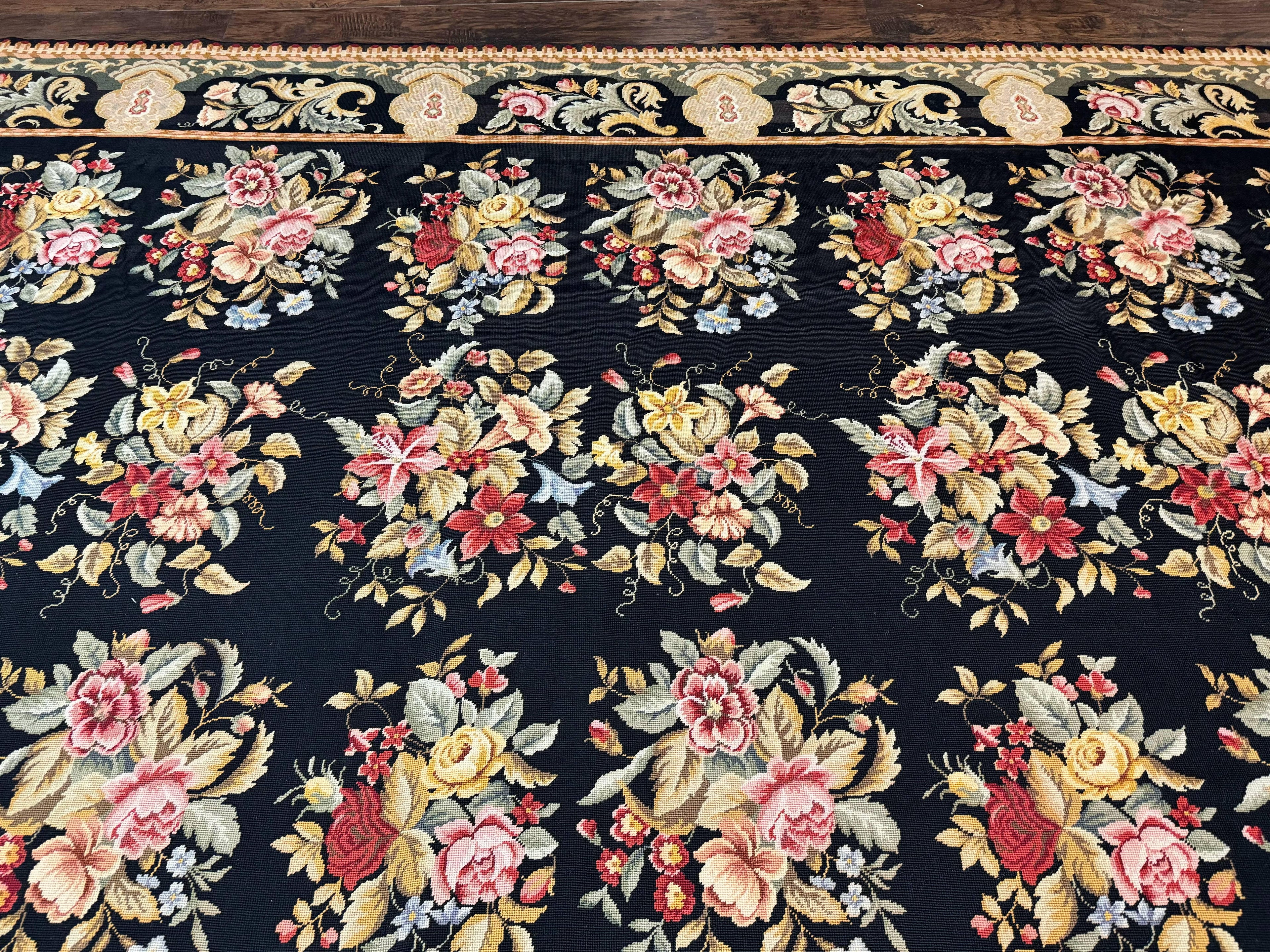 Palace Size Needlepoint Rug 12x16, Black and Colorful, Floral Panel, Handmade Oversized Wool Needlepoint Carpet, Rare