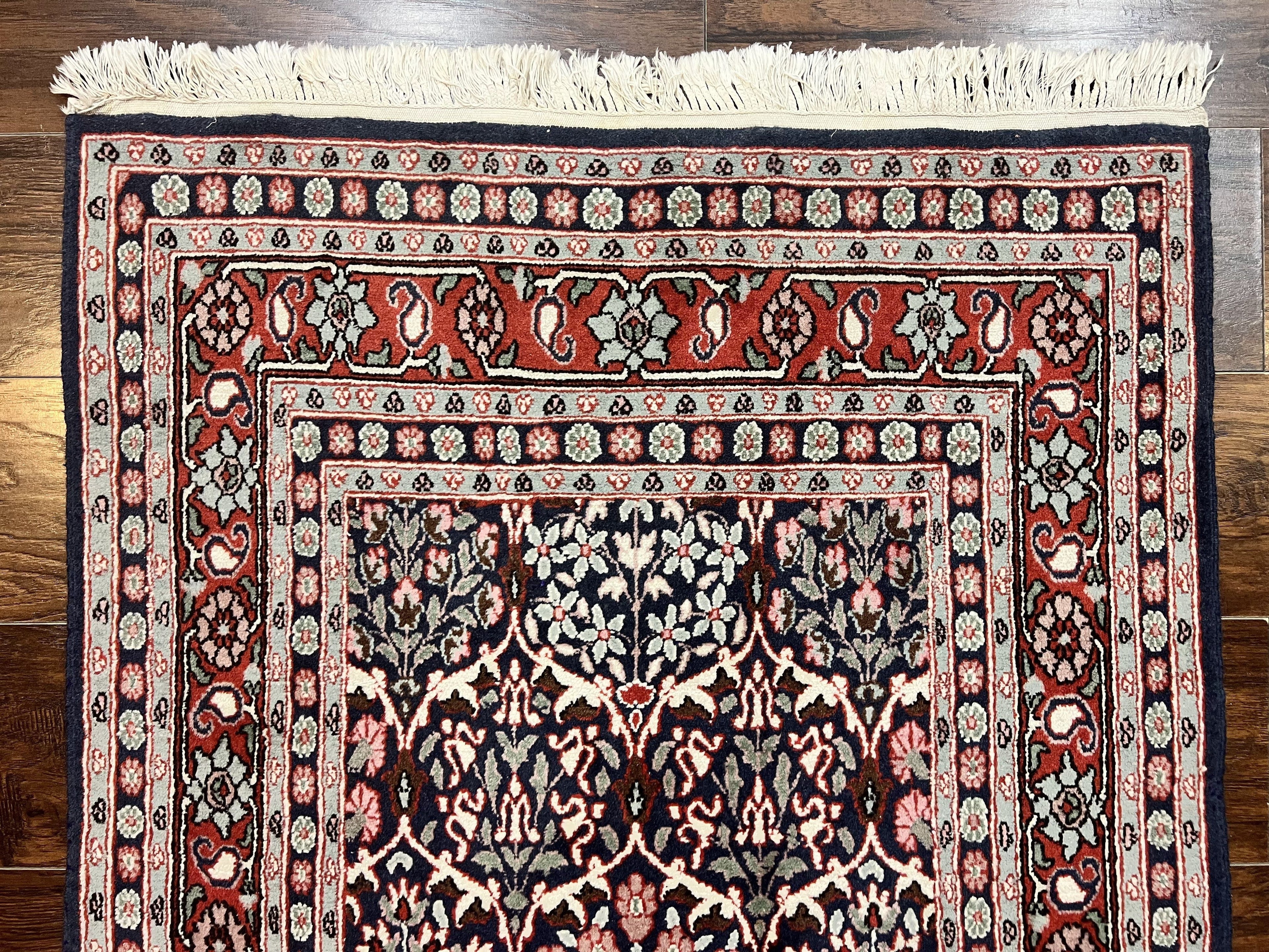 Pak Persian Rug 3x4, Wool Hand Knotted Vintage Traditional Carpet, Navy Blue & Red, Very Fine Small Handmade Floral Rug