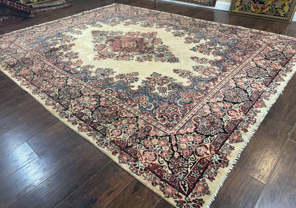 Persian Sarouk Rug 9x12, Ivory & Blue, Semi Open Field