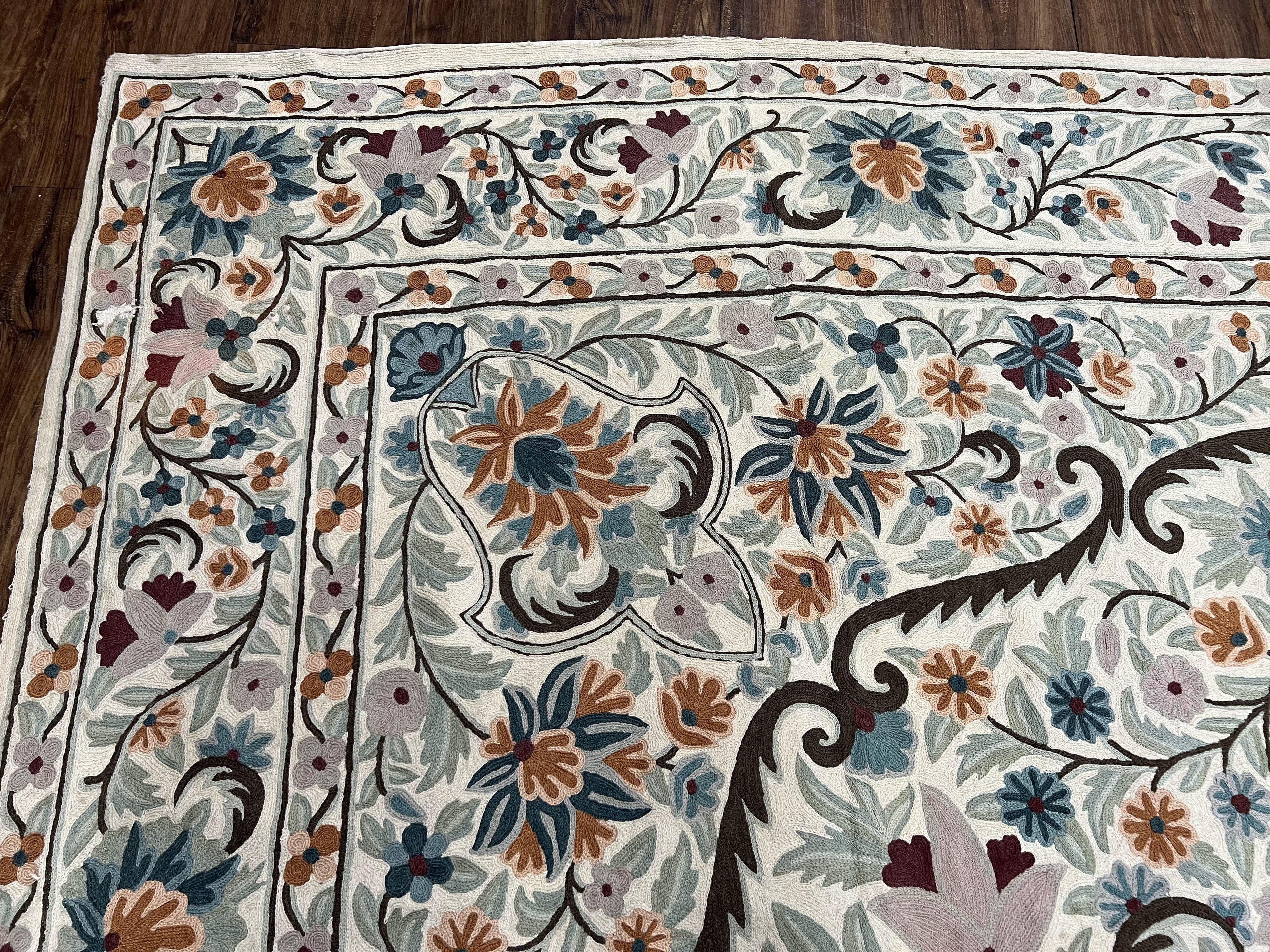 Chain Stitched Rug 9x12 Vintage Carpet 9 x 12 Flatweave Rug, Ivory Teal Rug, Area Rug 9 by 12, Hand Stitched Rug, Medallion, Indian Rug
