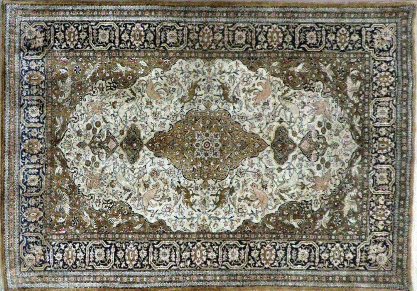 Handmade Silk Rug 3x5, Vintage Antique Silk Carpet, Hand-Knotted Oriental Rug 3 x 5, Animal Motifs, Deer Birds, One-Of-A-Kind