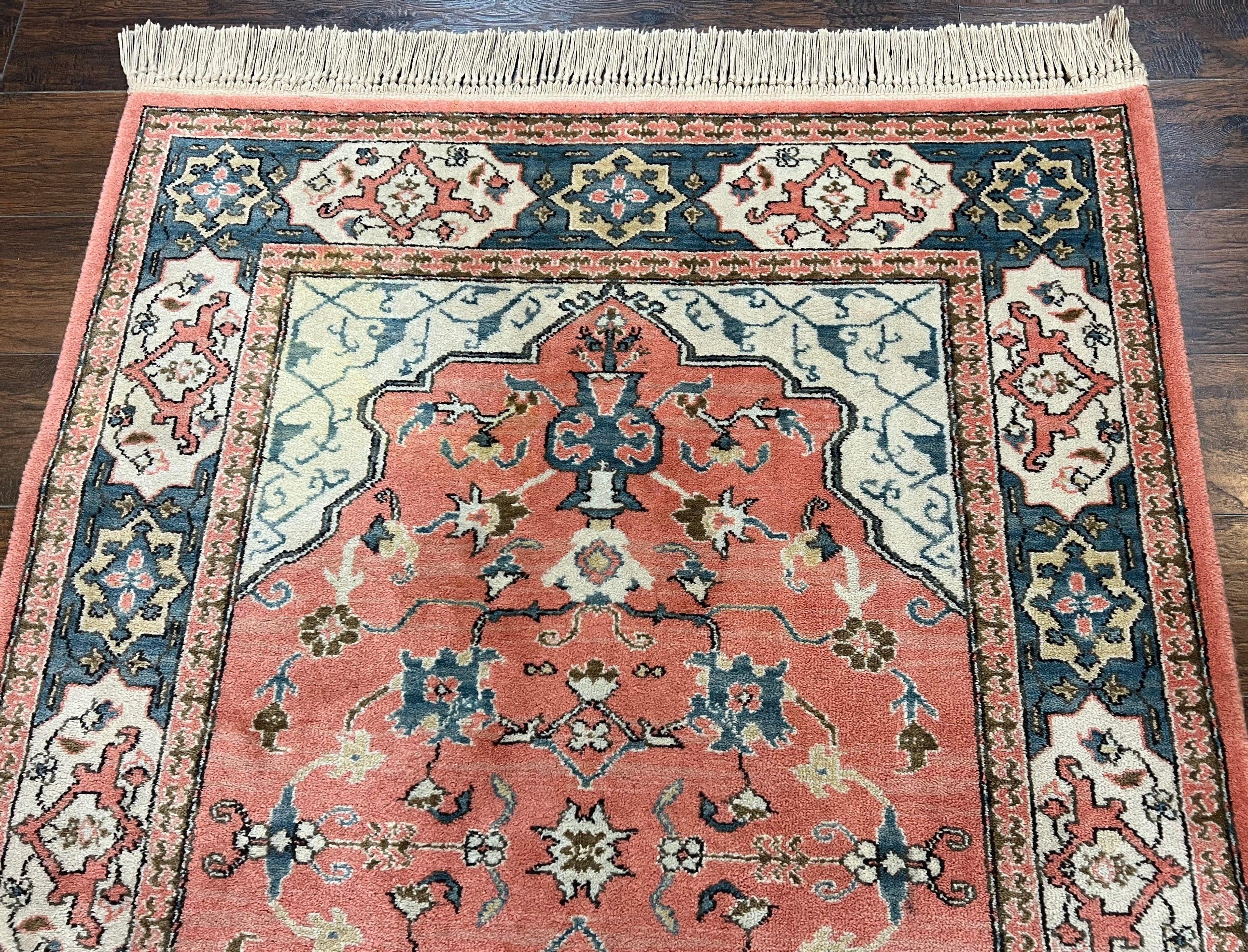 Karastan Rug 4x6 Bergama Design #737, Karastan Area Rug, Vintage Wool Karastan Carpet, Original Collection 700 Series, Salmon Red Light Blue