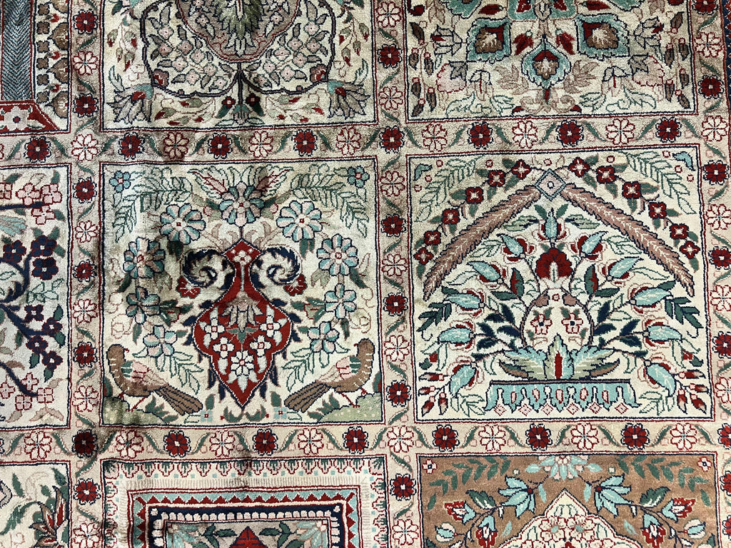 Silk Sino Persian Rug 9x12, Panel Design, Garden of Eden Pattern, Fine 200 KPSI, Hand Knotted Room Sized Silk Carpet, Vintage