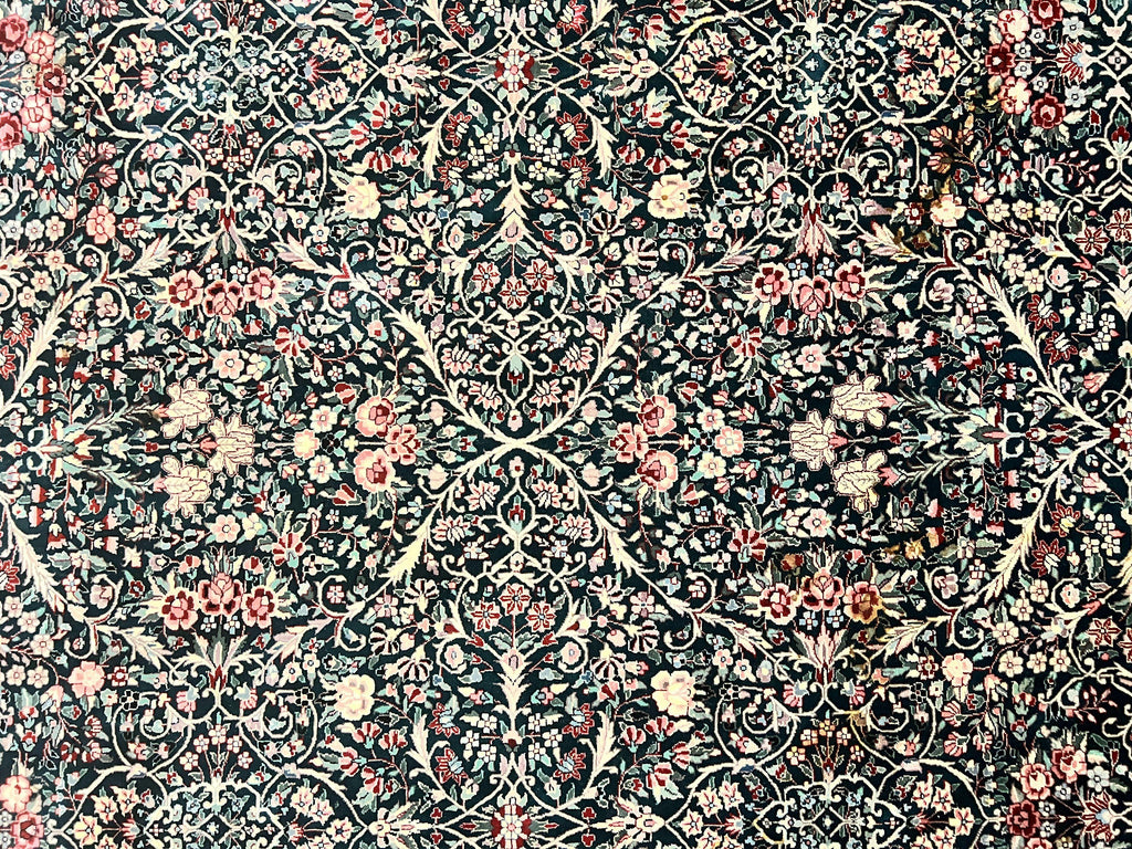 Large Sino Persian Rug 10x14, Wool Hand Knotted Vintage Carpet, Dark Green & Beige, Kirman Floral Rug, Fine Weave, Traditional, Large