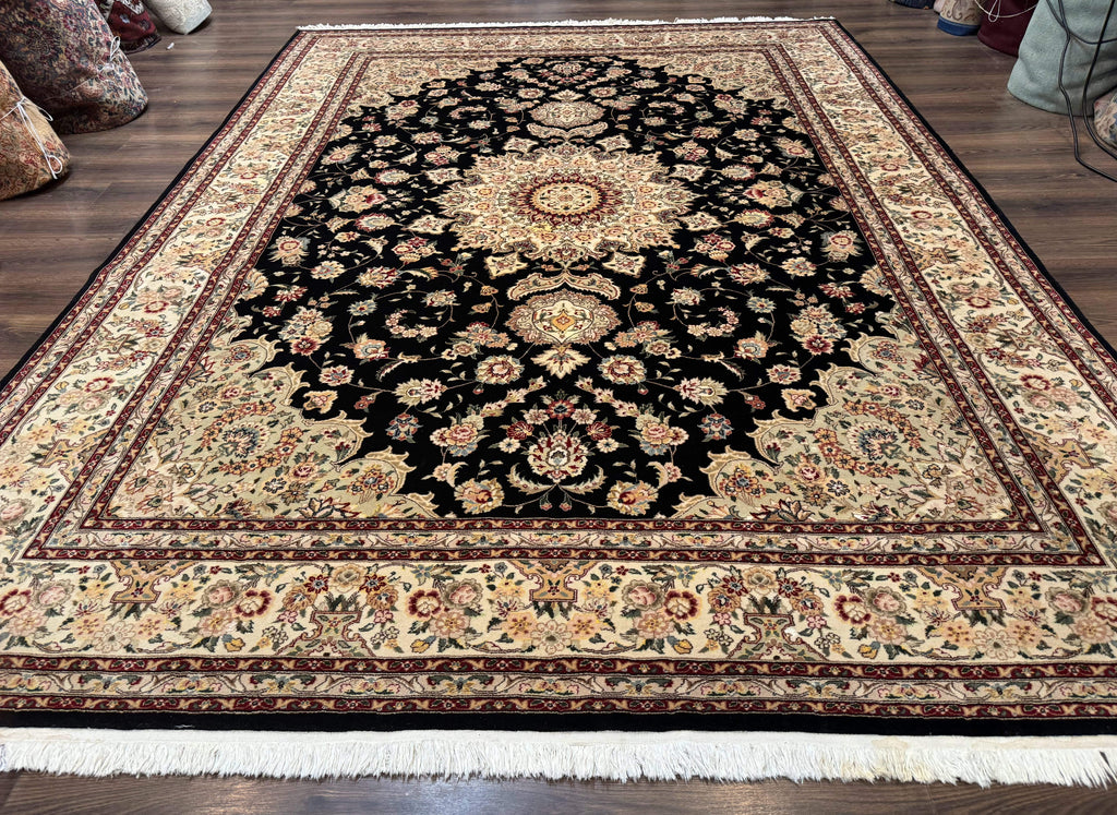 Sino Persian Rug 9x12, Black and Beige, Floral Medallion, Wool & Silk, Handmade