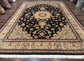 Sino Persian Rug 9x12, Black and Beige, Floral Medallion, Wool & Silk, Handmade
