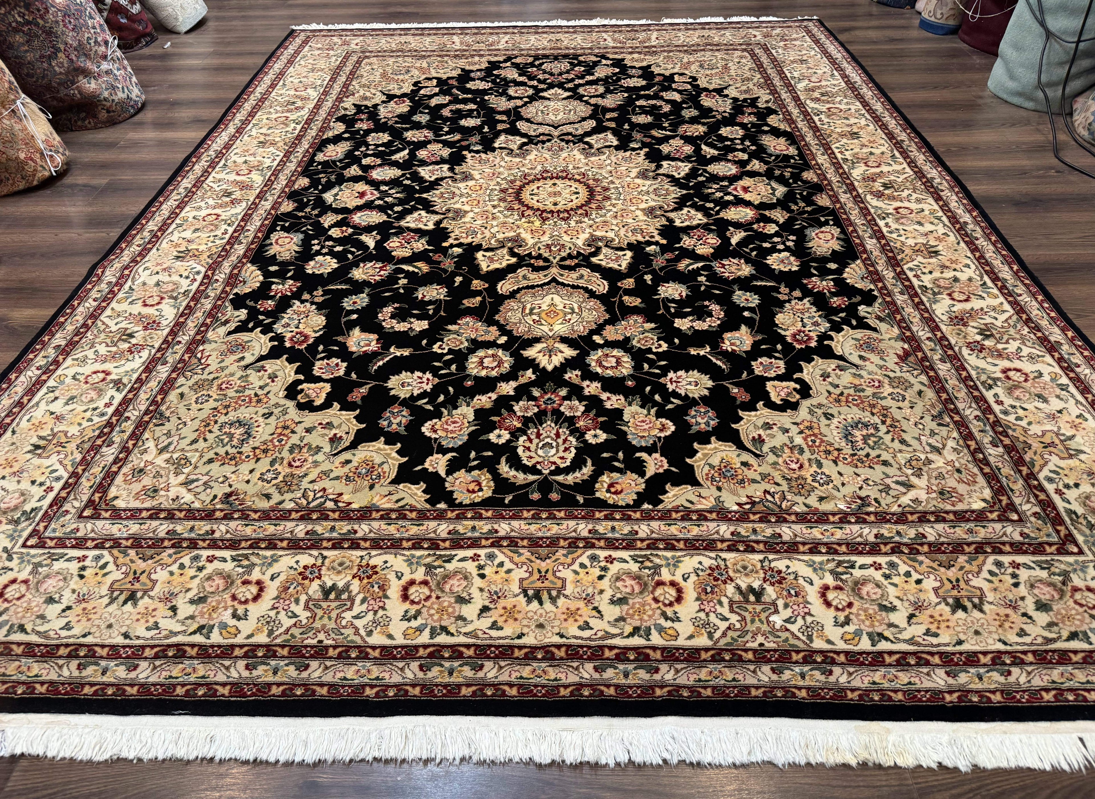 Sino Persian Rug 9x12, Black and Beige, Floral Medallion, Wool & Silk, Handmade