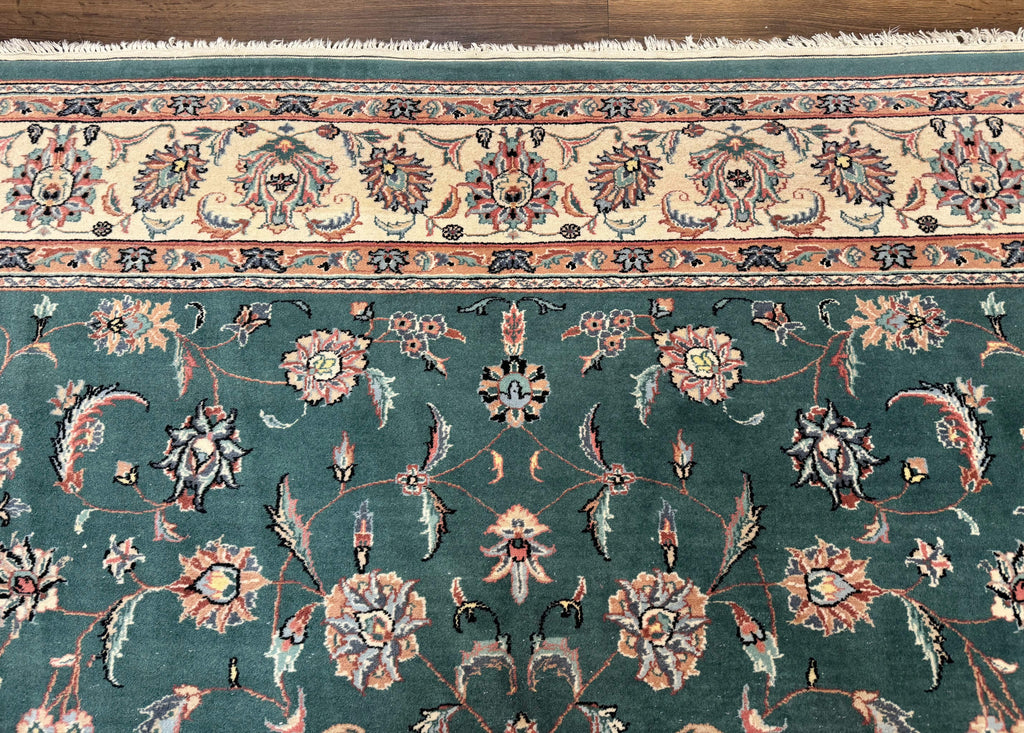 Indo Persian Rug 8x10, Green and Beige Oriental Carpet, Traditional Wool Area Rug, Floral Allover Pattern