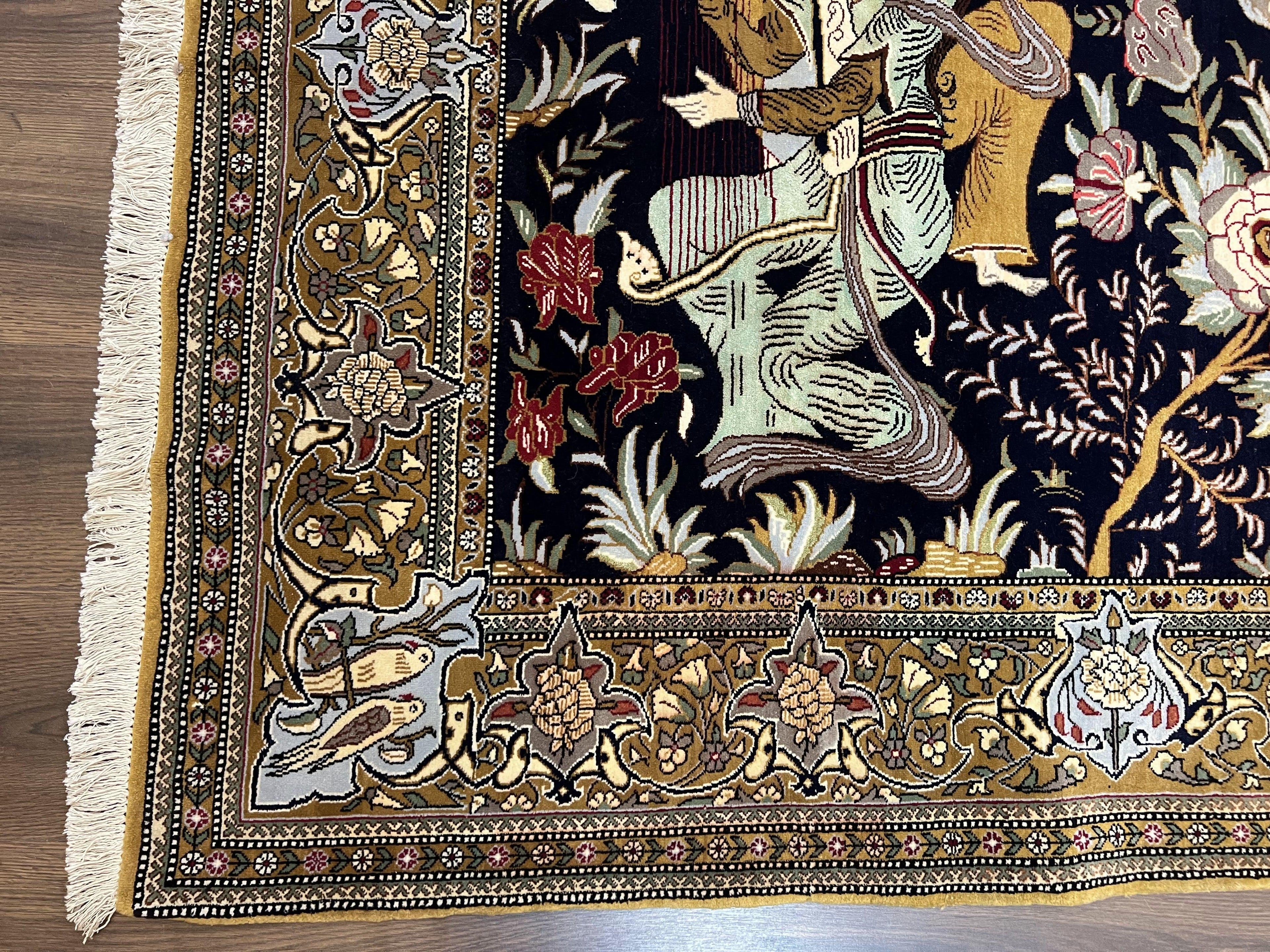 Persian Qum Pictorial Rug 4.8 x 6.5 - Layla & Majnun, Birds