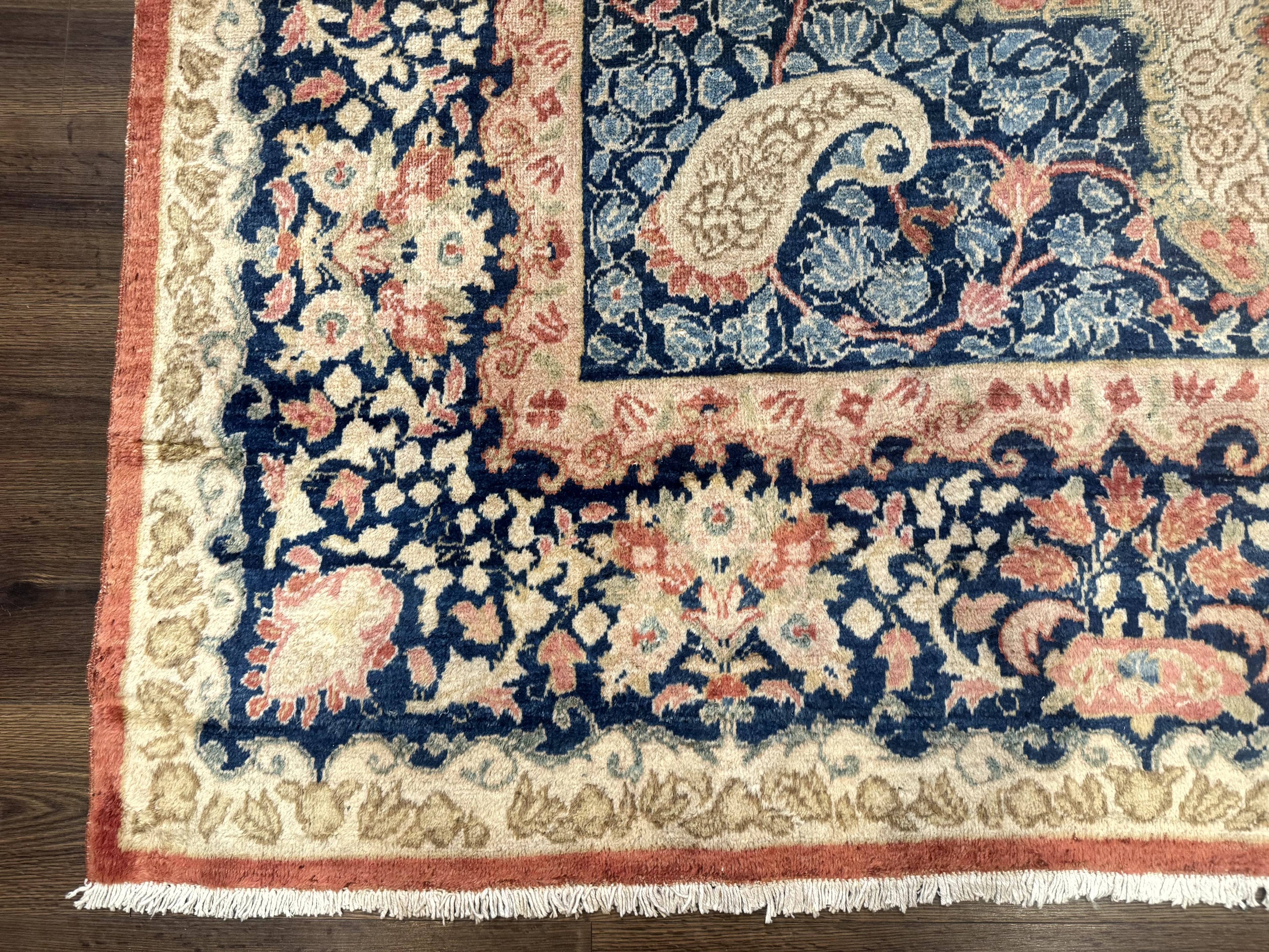 Antique Persian Sarouk Rug 9x12, Boteh Paisleys, Light Red Navy Blue