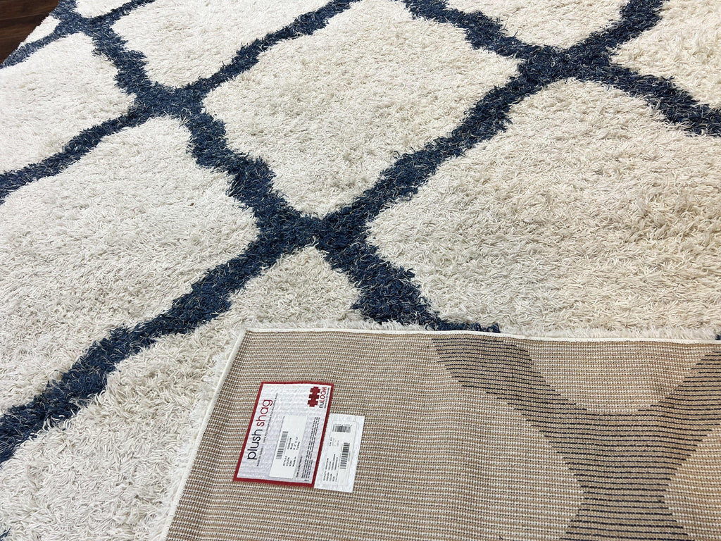 Modern Shag Rug 9x12, Ivory and Dark Blue, Diamond Pattern, Soft, Room Sized, Contemporary Rug, Plush