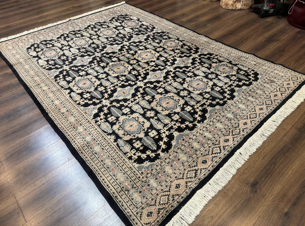 Turkoman Bokhara Rug 6x9, Pakistani Carpet, Black, Hand Knotted