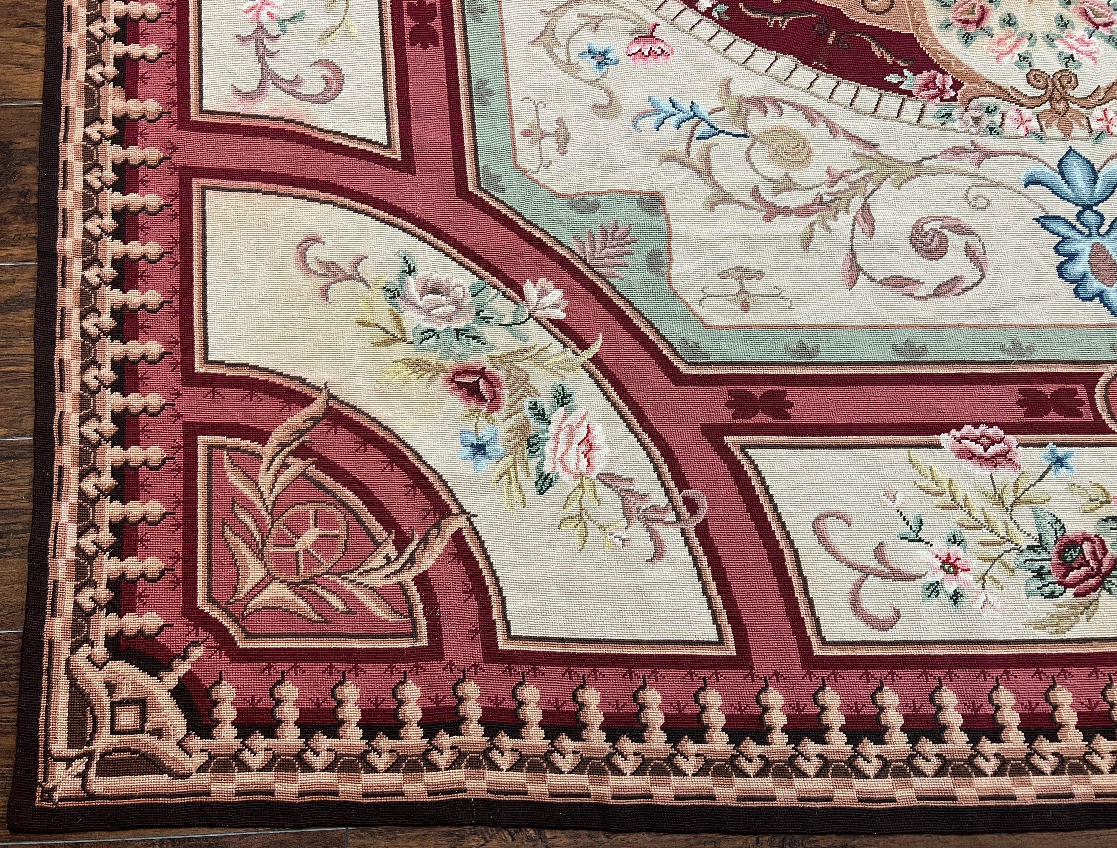 Needlepoint Rug 7.9 x 9, Beige Maroon Rose, Handmade Handwoven Flatweave Aubusson Savonnerie French European Elegant Carpet, Wool Rug