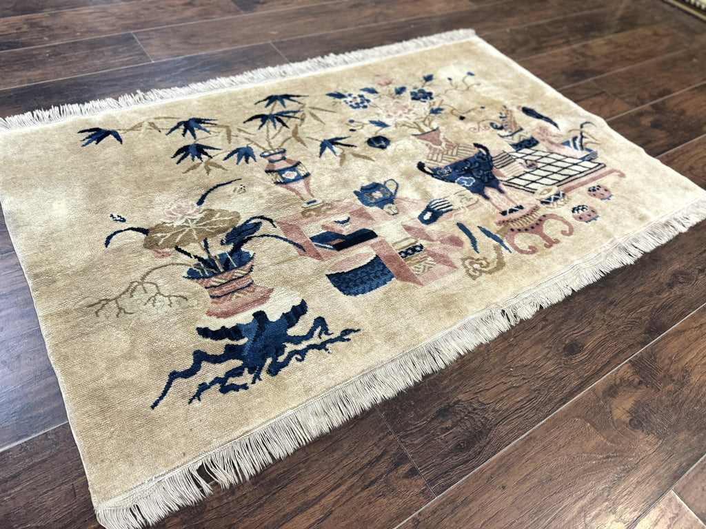 Chinese Rug 5x3, Horizontal Rug, Vases Flowers, Handmade Antique Vintage Carpet, Peking Rug, Chinese Wool Rug