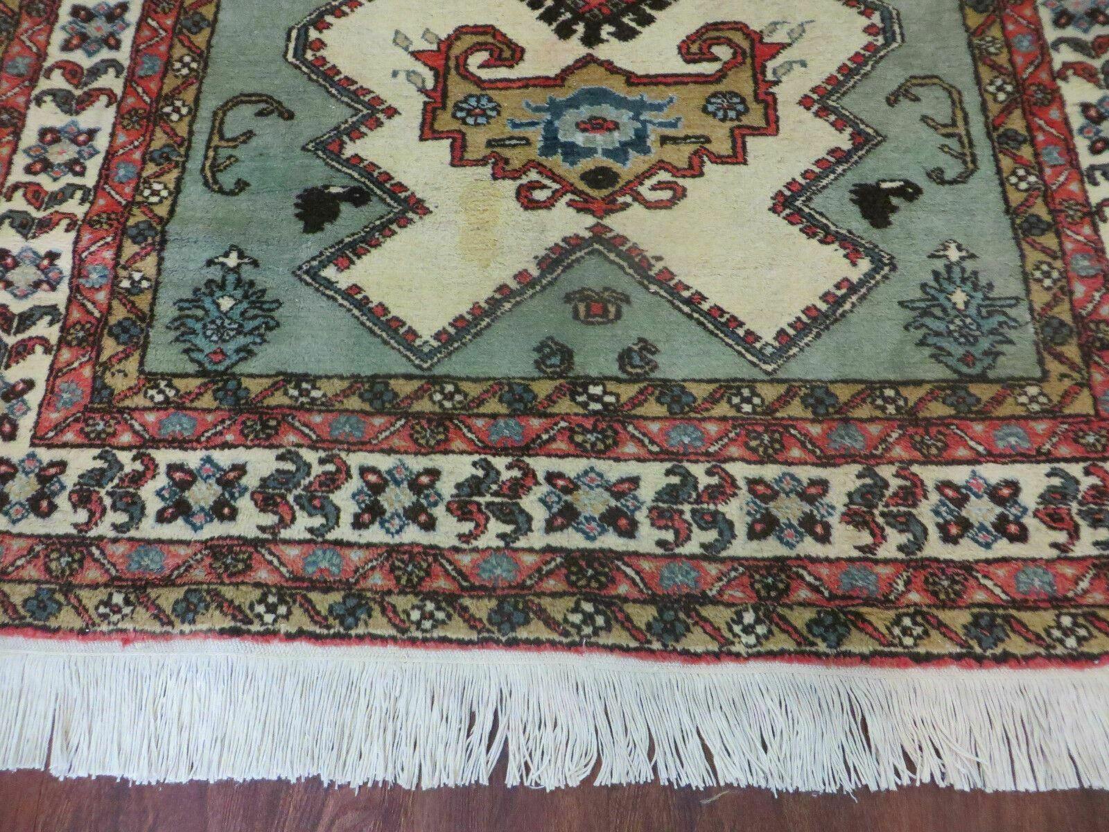 4' X 7' Vintage Handmade Knotted Rug India Caucasian Wool Soft Green Organic