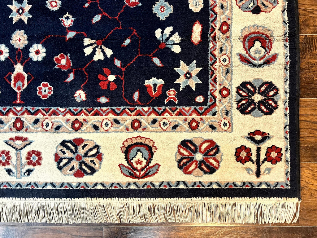 Belgium Power Loomed Rug 5.6 x 7, Navy Blue and Ivory, Heriz Pattern, Vintage Oriental Carpet