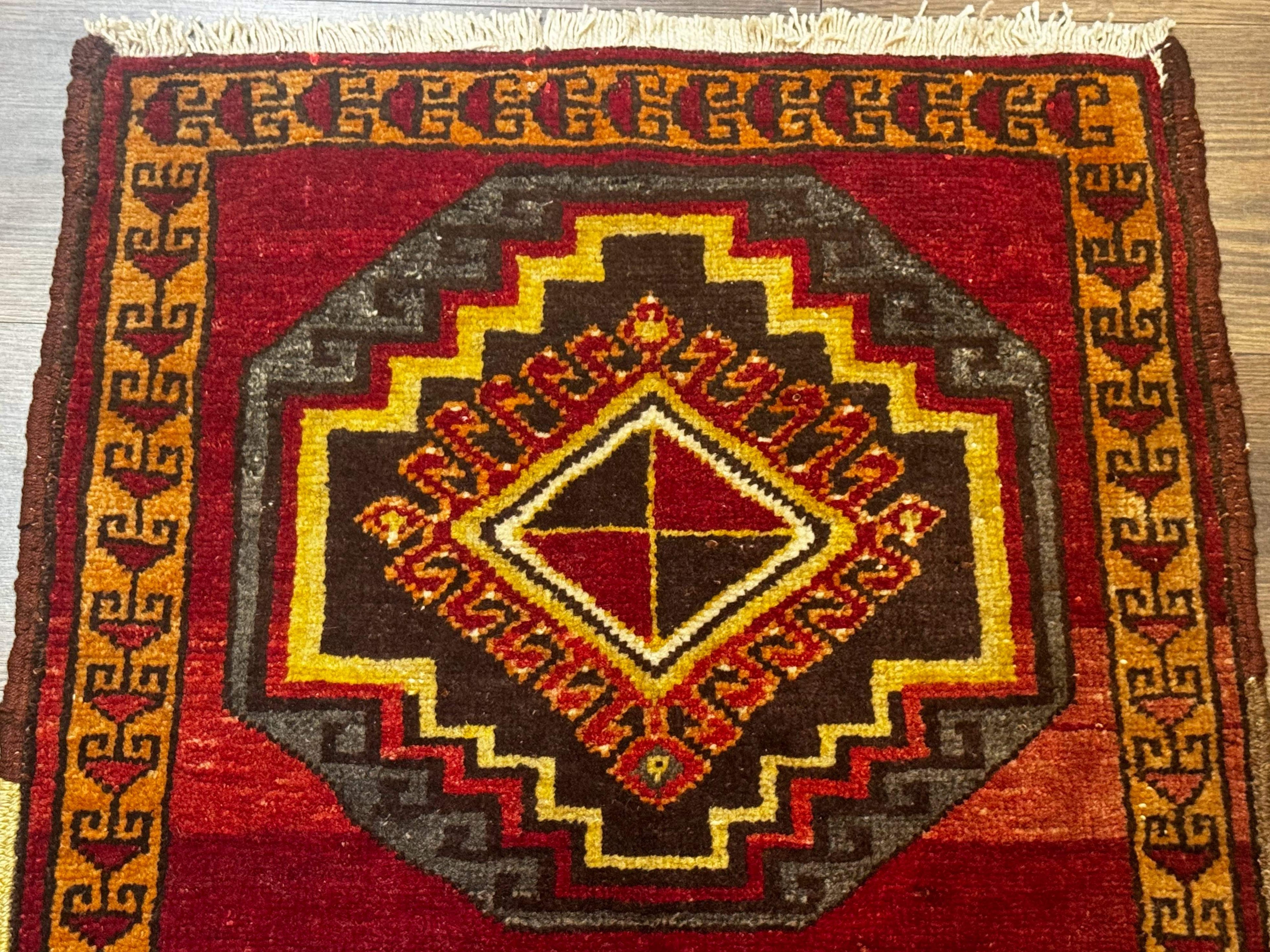 Small Antique Turkish Yastik Rug 2x3, Double Medallions, Geometric, Red, Wool