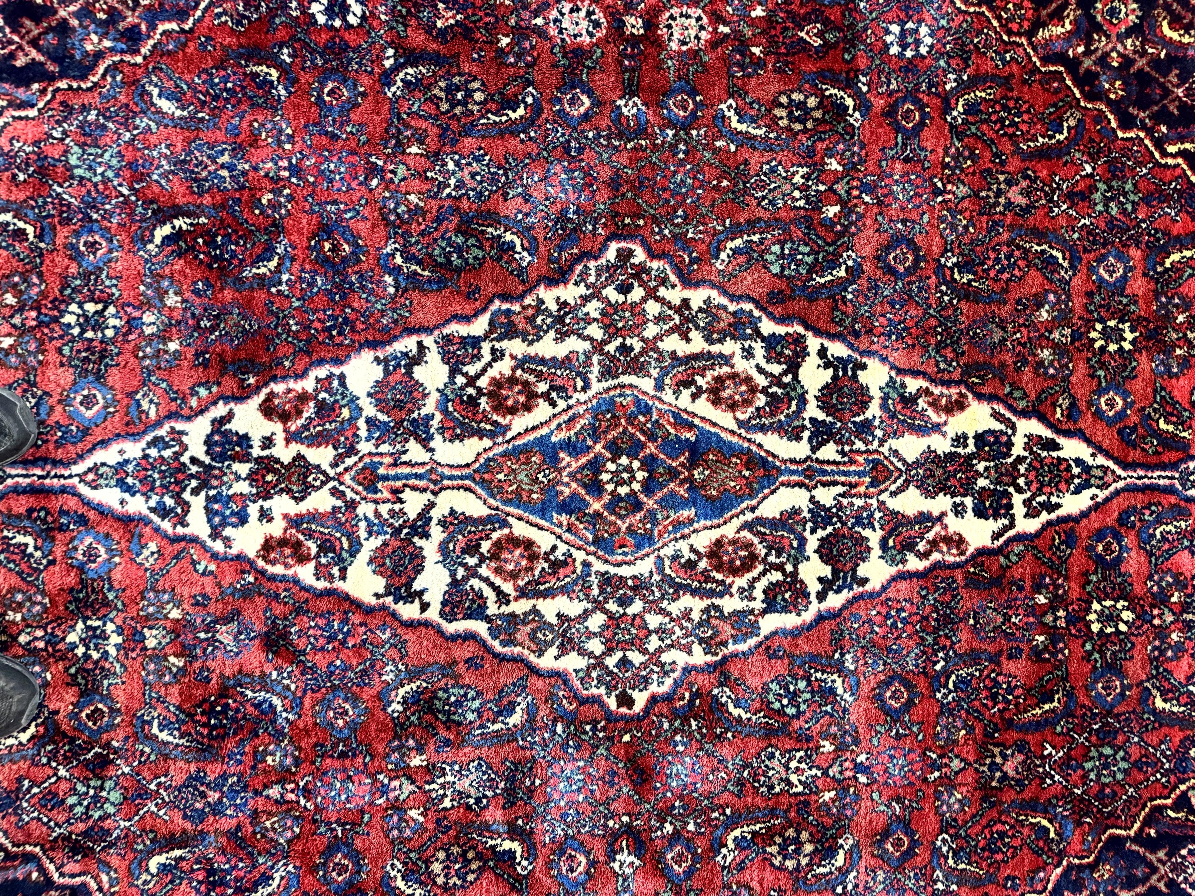 Antique Persian Hamadan Tribal Rug 8x10, Red and Ivory, Medallion Rug, Wool Handmade Carpet