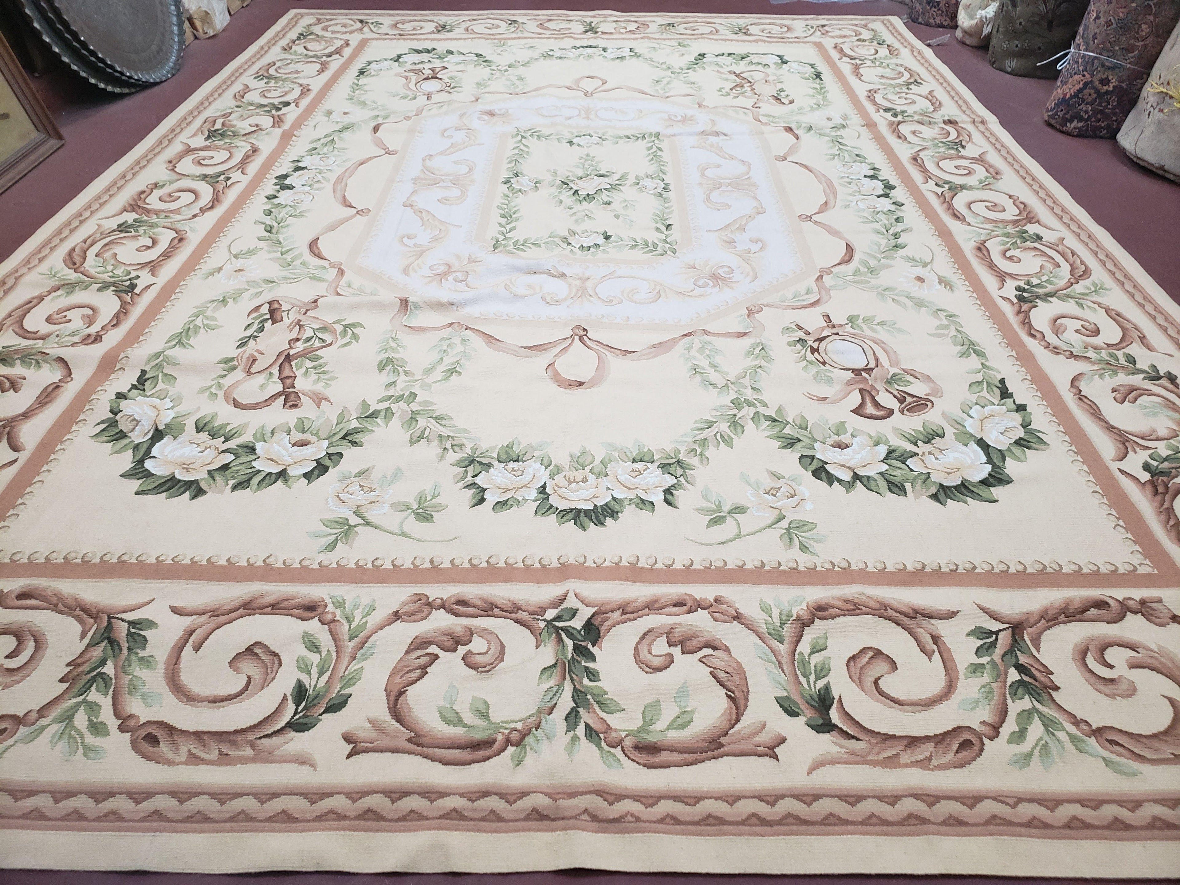 Elegant Aubusson Rug 10 x 14, Cream and Ivory Simple Aubusson Floral Carpet, Hand-Woven, European, New Aubusson Rug, Wool Area Rug, Violins
