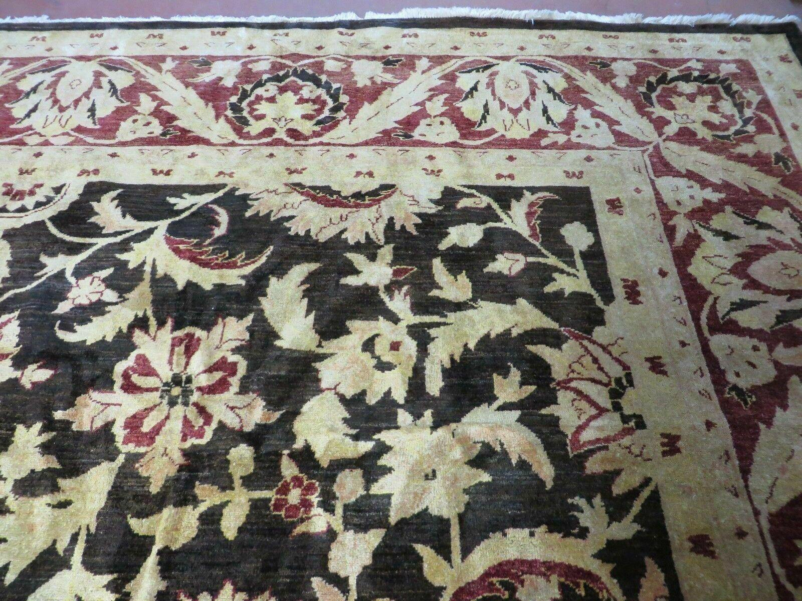 11' X 15' Vintage Hand Knotted Indian Agra Wool Rug Hand Made Dark Brown Floral