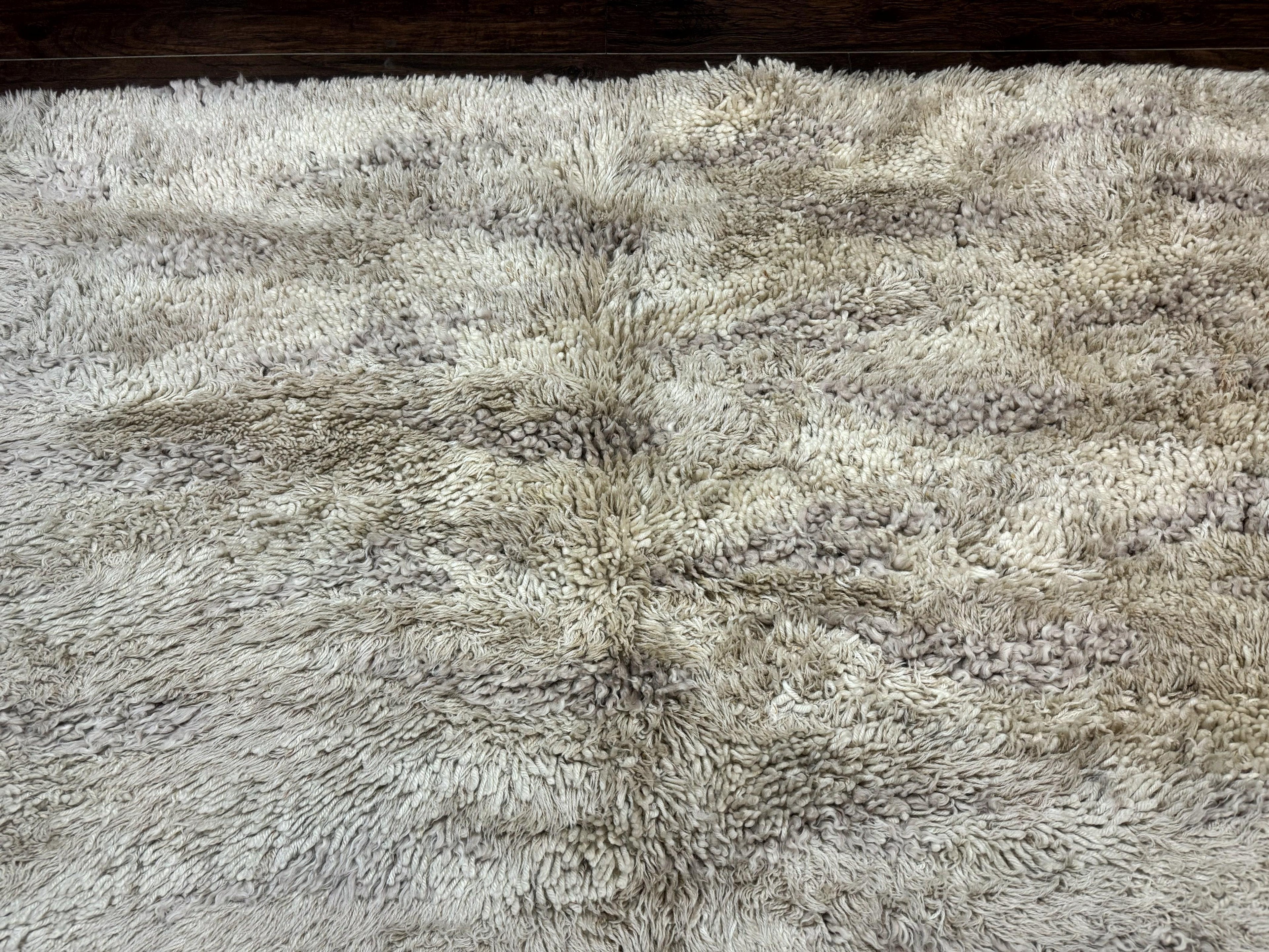 European Rya Shag Rug 6.6 x 9.7, Beige, Fluffy Vintage Area Rug