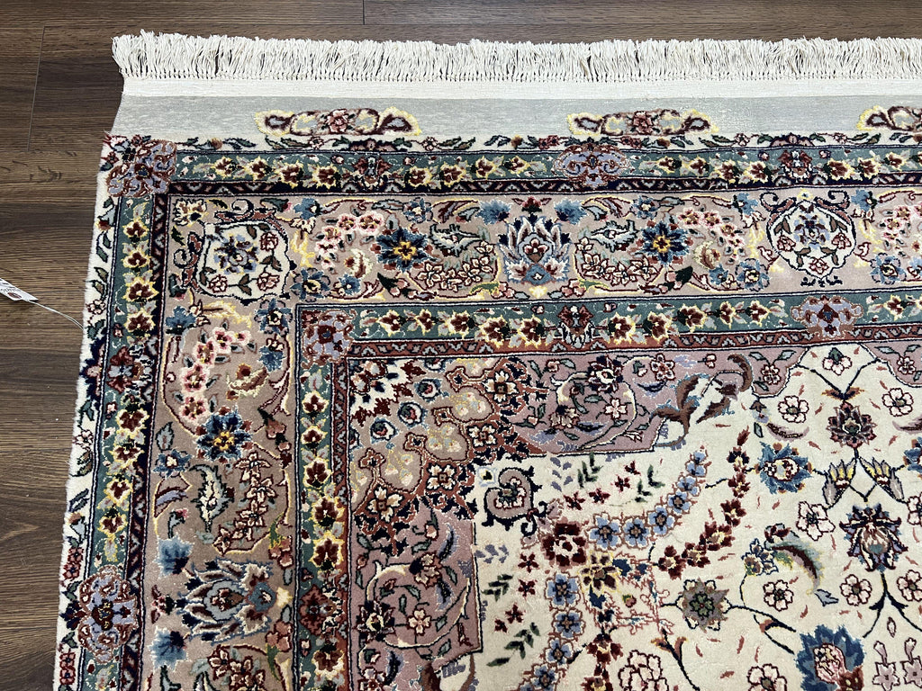 Beautiful Pak Persian Rug 6x9, Floral Medallion, Wool and Silk, Highly Detailed Elegant Carpet, Vintage Oriental Rug 6 x 9, Cream and Gray