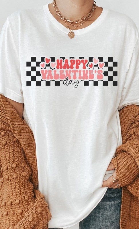 Happy Valentines Day Checkered Graphic Tee T-Shirt