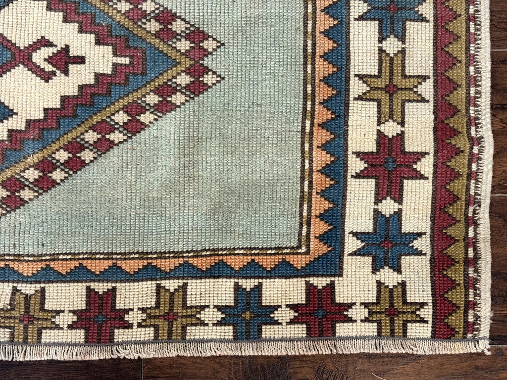 Turkish Kazak Rug 4x6, Geometric Medallion, Caucasian Design Rug, Semi Antique Vintage, Mint Green Maroon Ivory