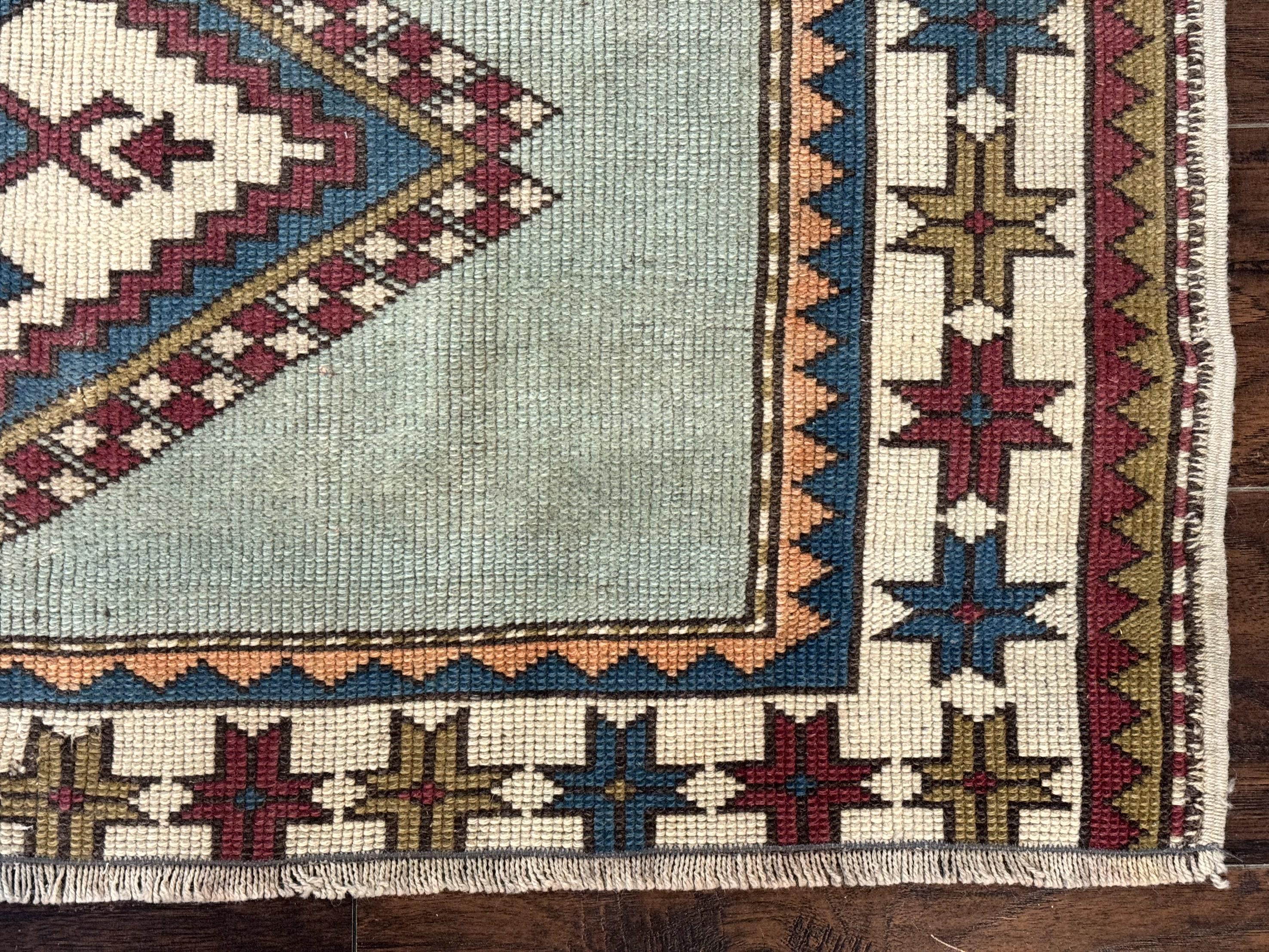 Turkish Kazak Rug 4x6, Geometric Medallion, Caucasian Design Rug, Semi Antique Vintage, Mint Green Maroon Ivory