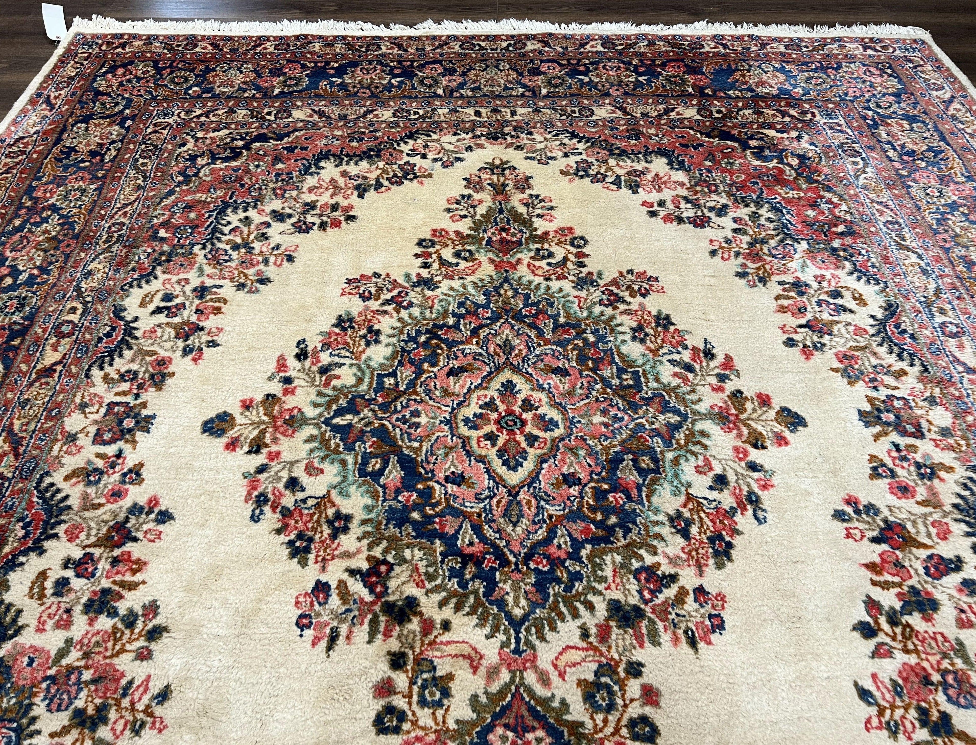 Persian Rug 9x10, Hamadan Rug, Antique Oriental Carpet, Wool Rug, Semi Open Field, Cream and Navy Blue, Kirman Design Hand Knotted Almost Square Rug
