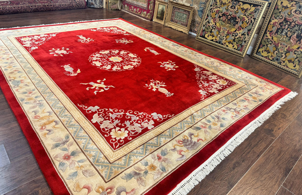 Chinese Wool Rug 8.6 x 11, Red and Beige Asian Oriental Carpet, Plush Pile, Vintage Handmade Chinese Carving Sculpted Rug, Semi Open Field