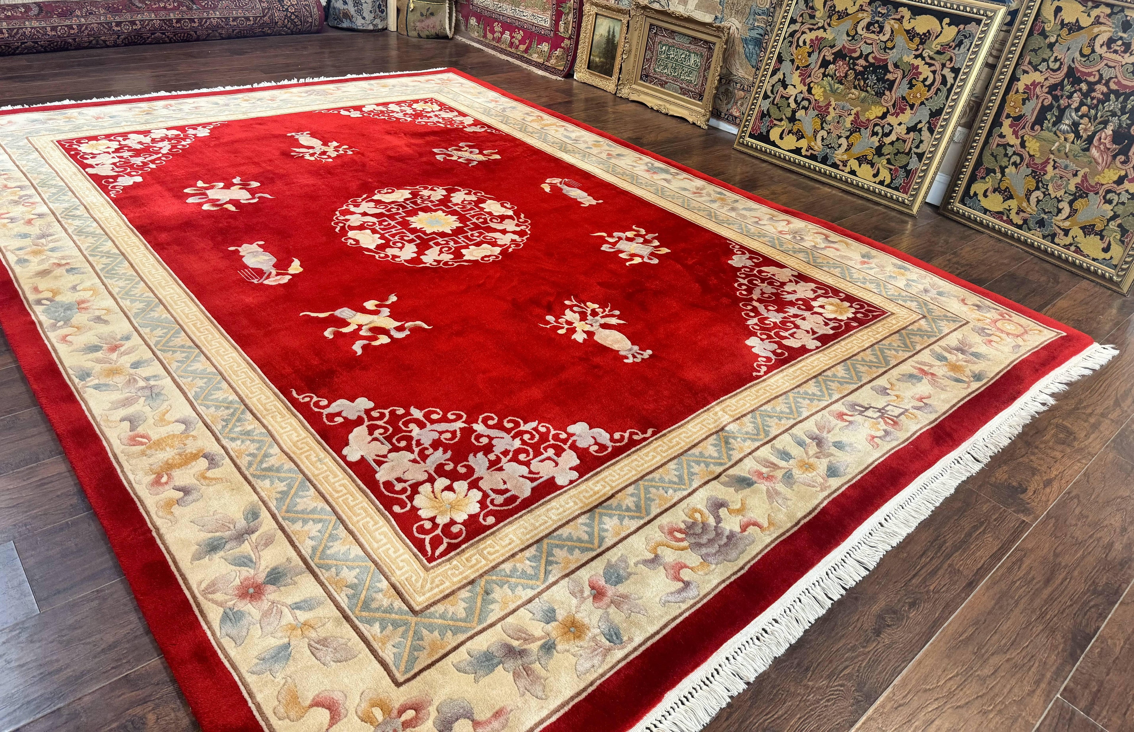 Chinese Wool Rug 8.6 x 11, Red and Beige Asian Oriental Carpet, Plush Pile, Vintage Handmade Chinese Carving Sculpted Rug, Semi Open Field