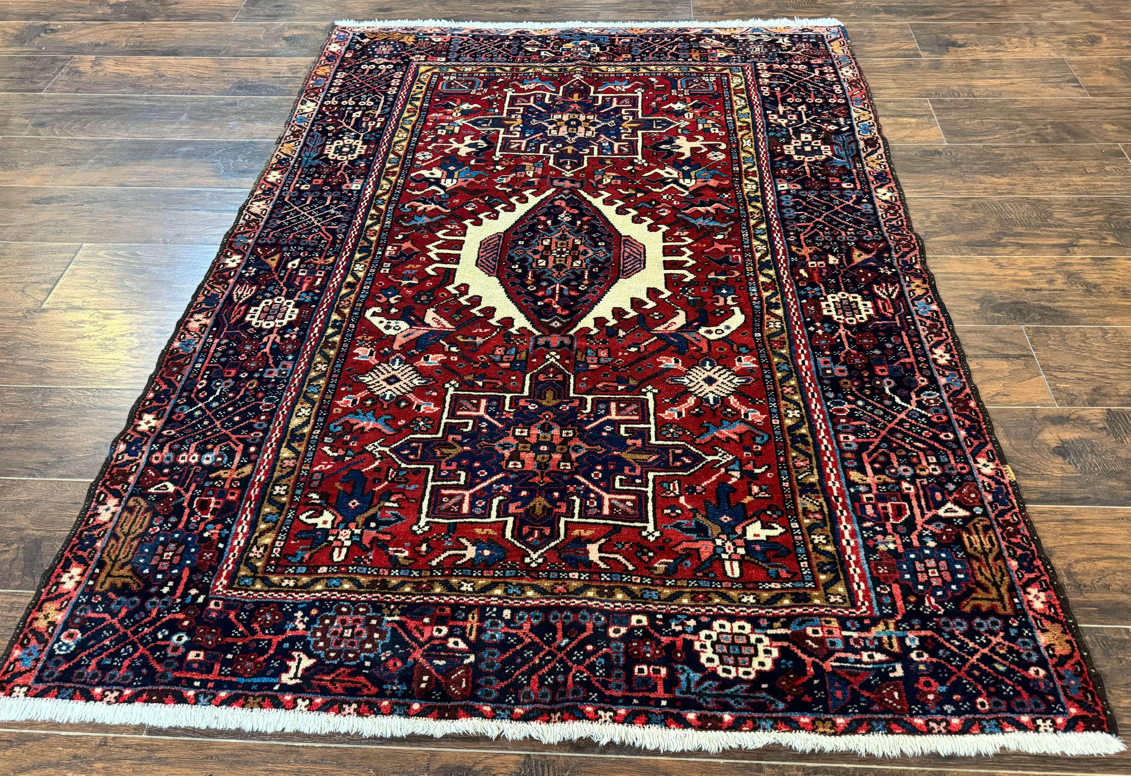 Persian Karajeh Rug 5x6, Antique Heriz Carpet, Geometric, Persian Tribal Rug, Brick Red Navy Blue