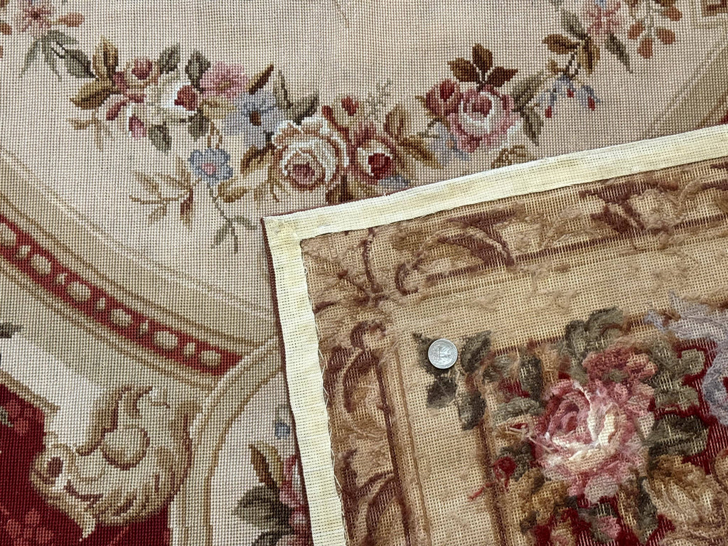 Aubusson Rug 8x11, Needlepoint Carpet, Red Ivory Beige, Vintage, French European Design
