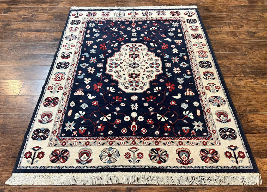 Belgium Power Loomed Rug 5.6 x 7, Navy Blue and Ivory, Heriz Pattern, Vintage Oriental Carpet