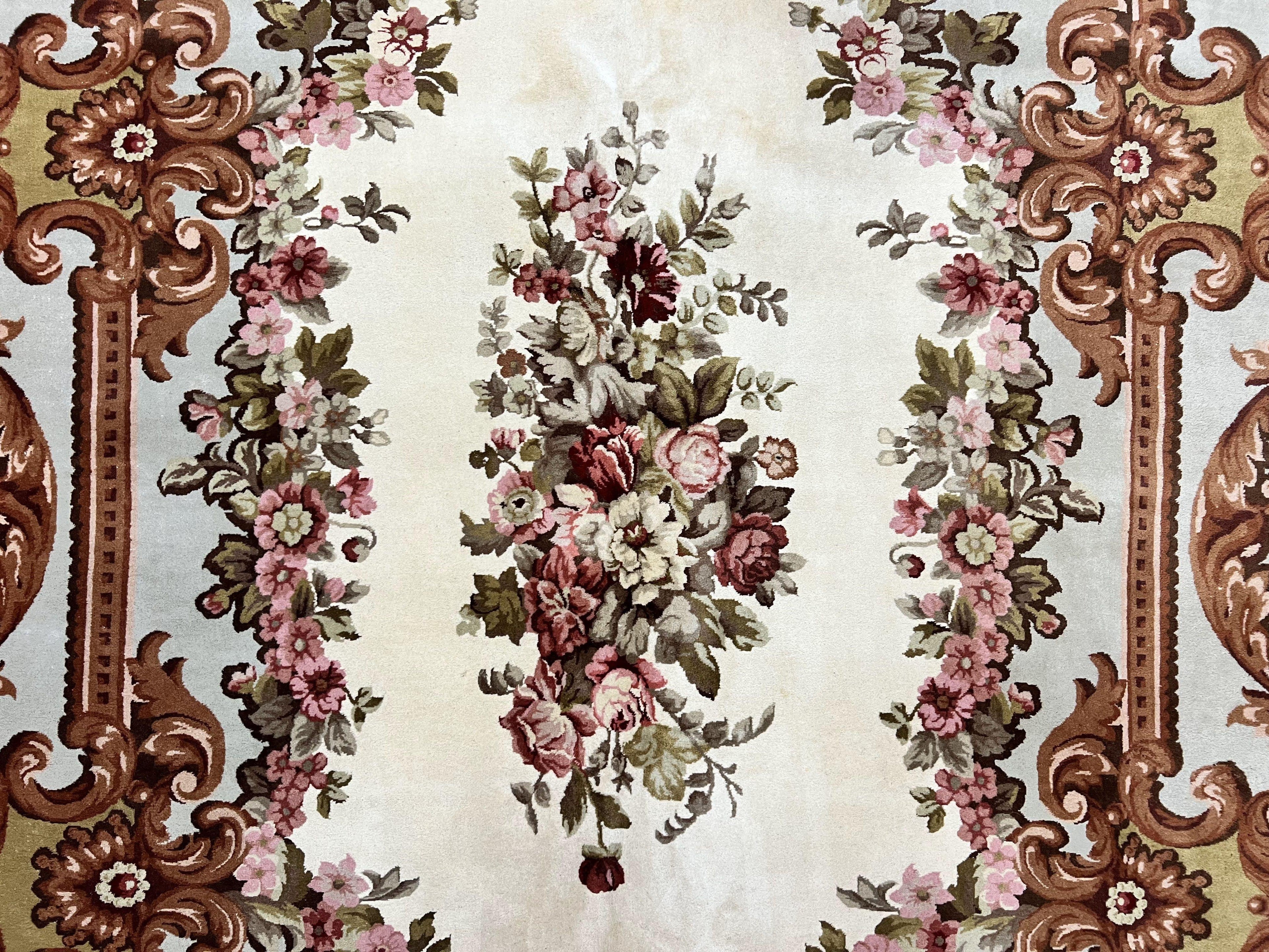 Aubusson Rug 10x13, Cream and Light Mint Green Hand Knotted Handmade French Savonnerie European Carpet, Wool Pile, Large Room Sized Vintage