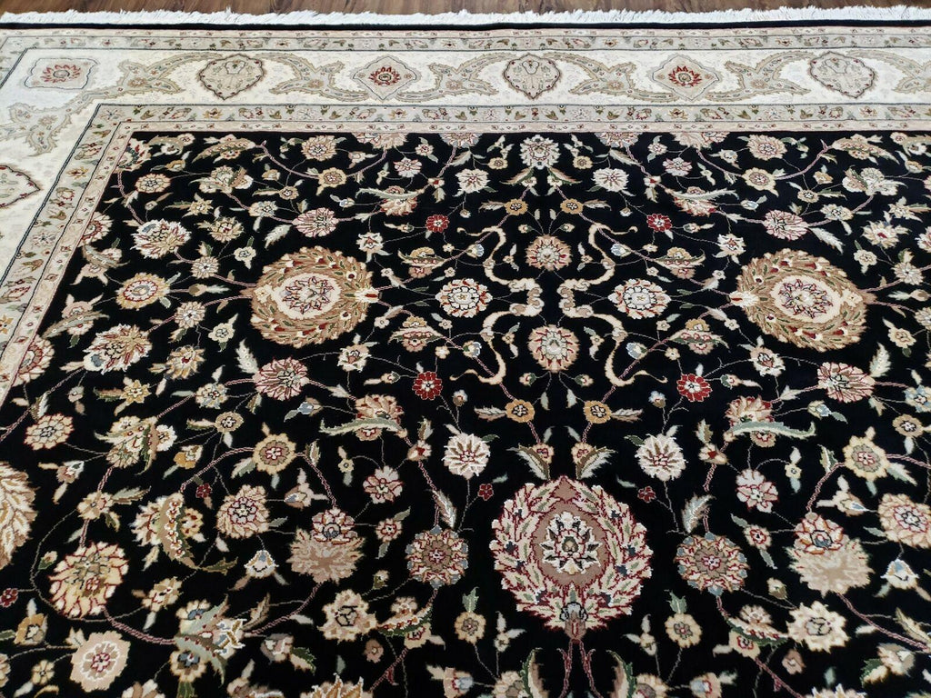 8' 5" X 11' 6" Vintage Handmade Oriental Floral Wool Rug Silk Accent Black Nice