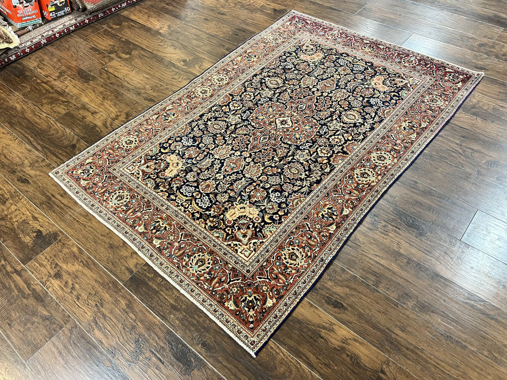 Persian Kashan Rug 4x7, Floral Medallion Vintage Handmade Hand Knotted Navy Blue & Red Wool Oriental Carpet, Highly Detailed Semi Antique Rug
