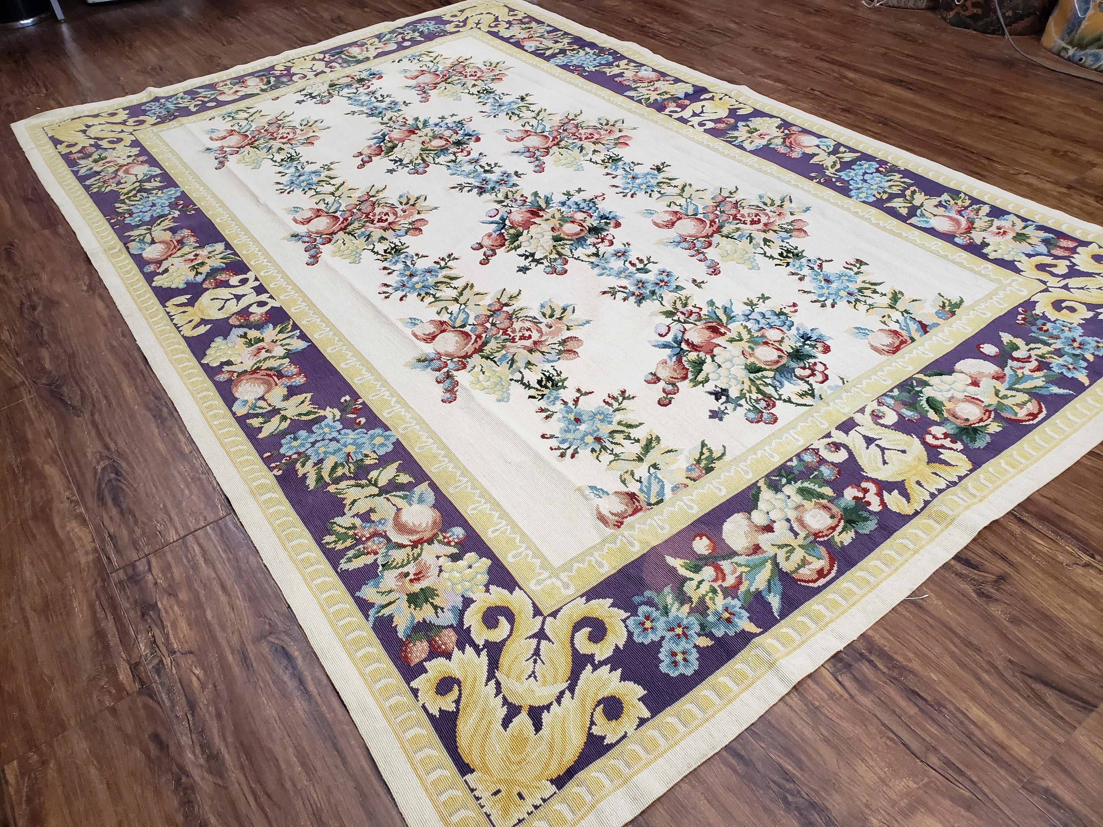 Vintage Chinese Floral Needlepoint Area Rug 6x9, Wool Hand-Woven Handmade Flatweave Rug, Ivory & Purple, Fruits Grapes Apples, Dining Room