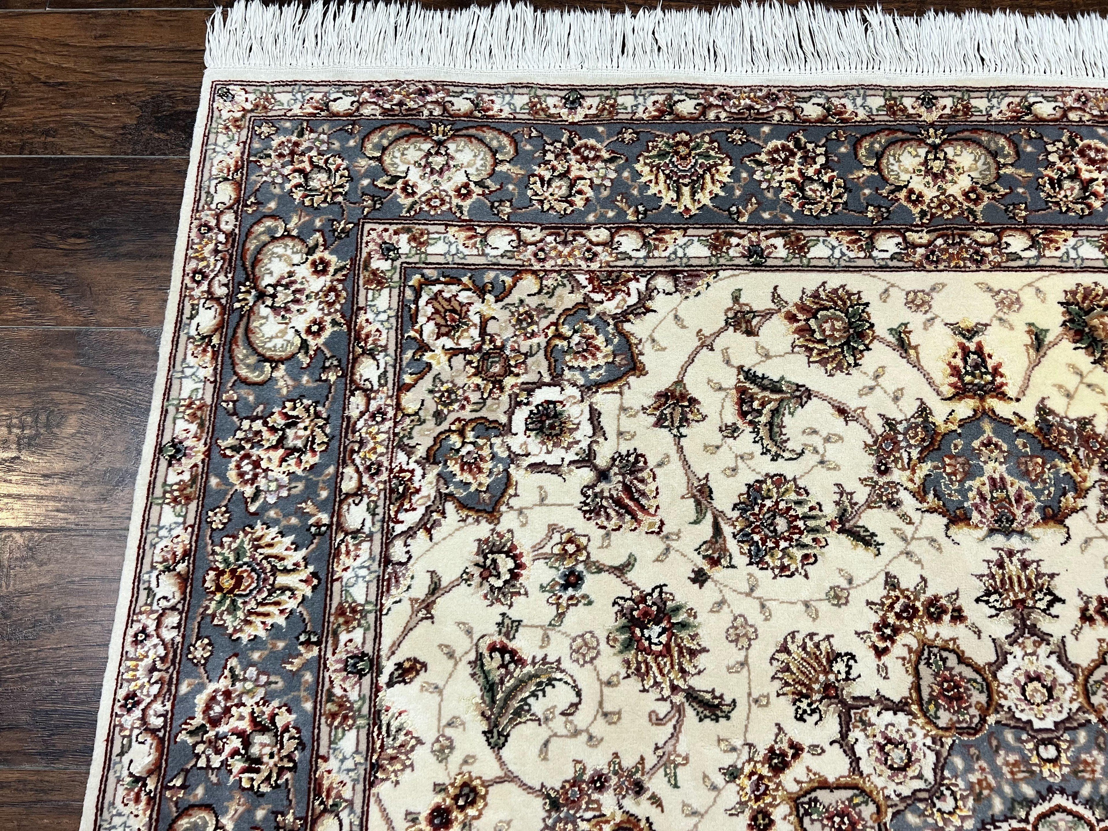 Sino Persian Square Rug 5x5, Very Fine Oriental Carpet, Wool & Silk Highlights, Ivory, Hand Knotted Handmade Vintage Traditional Rug