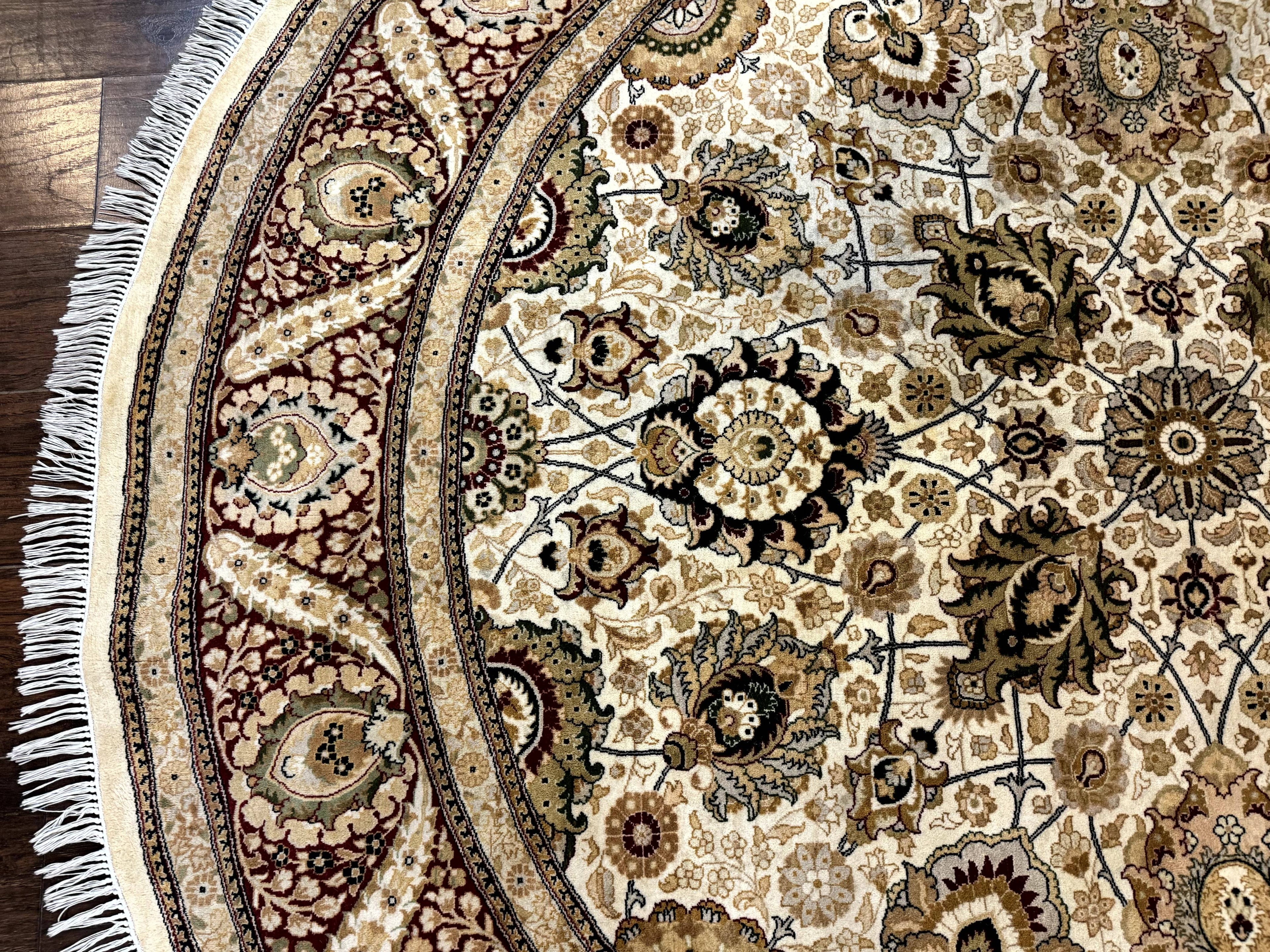 Round Pak Persian Rug 8x8, Vintage Handmade Wool Traditional Carpet, Beige Dark Red, Fine 270 KPSI