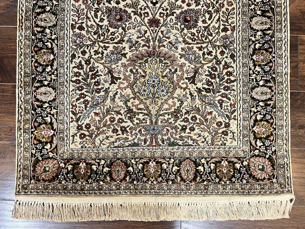 Turkish Kayseri Silk Rug 3x5, Tree of Life Silk Oriental Carpet, Birds Persian Vase Design, Hand Knotted Vintage Fine Rug, 340 KPSI