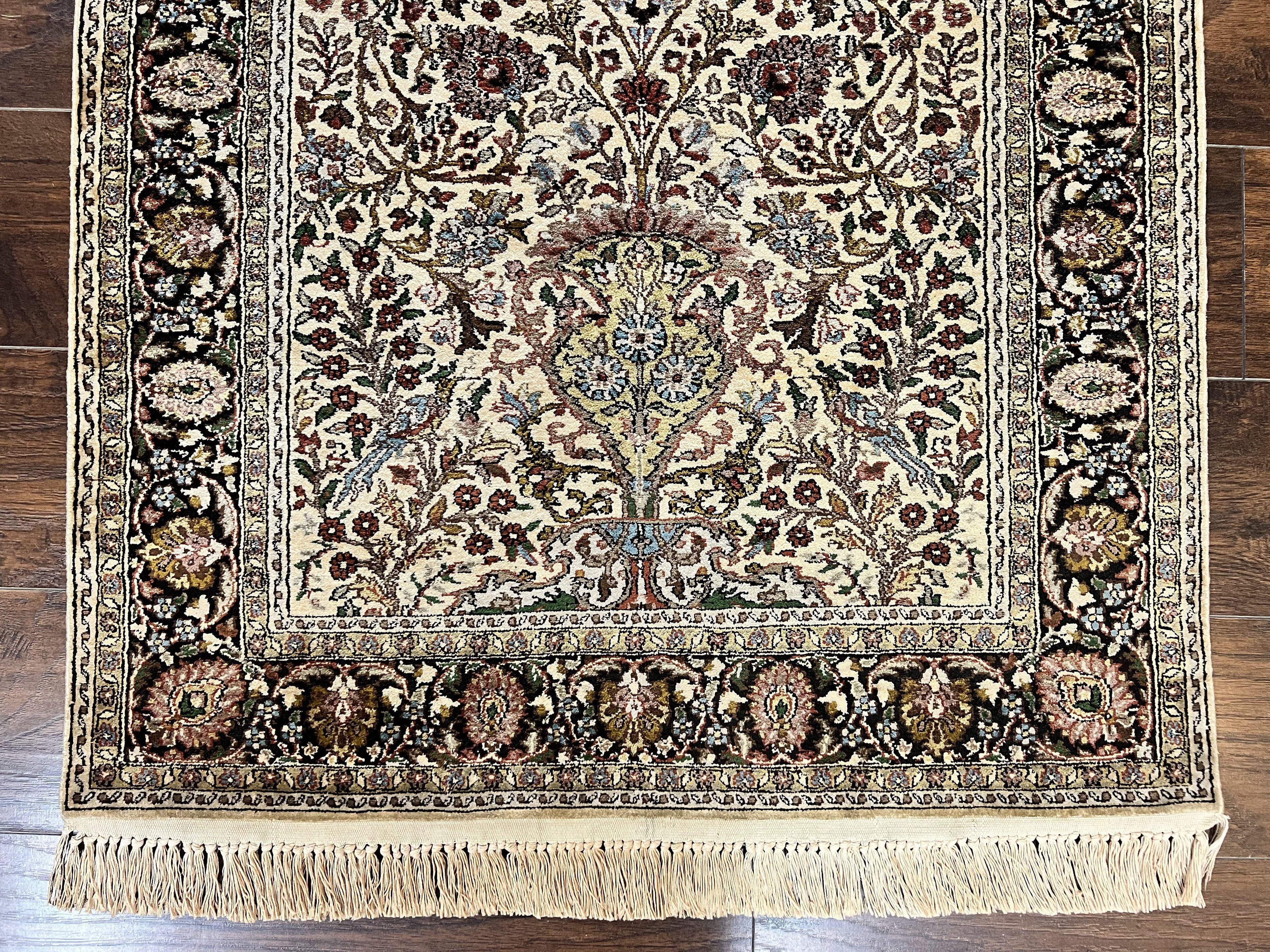 Turkish Kayseri Silk Rug 3x5, Tree of Life Silk Oriental Carpet, Birds Persian Vase Design, Hand Knotted Vintage Fine Rug, 340 KPSI