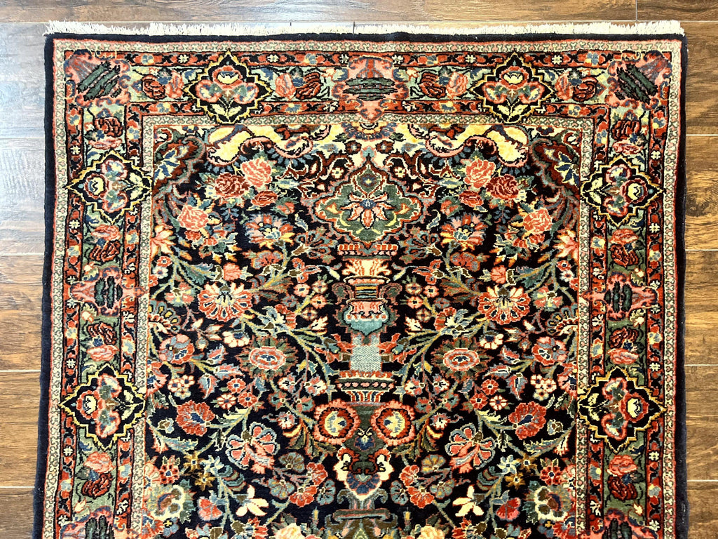 Persian Saoruk Rug 4x5, Navy Blue and Red, Floral, Antique Persian Wool Carpet, Handmade