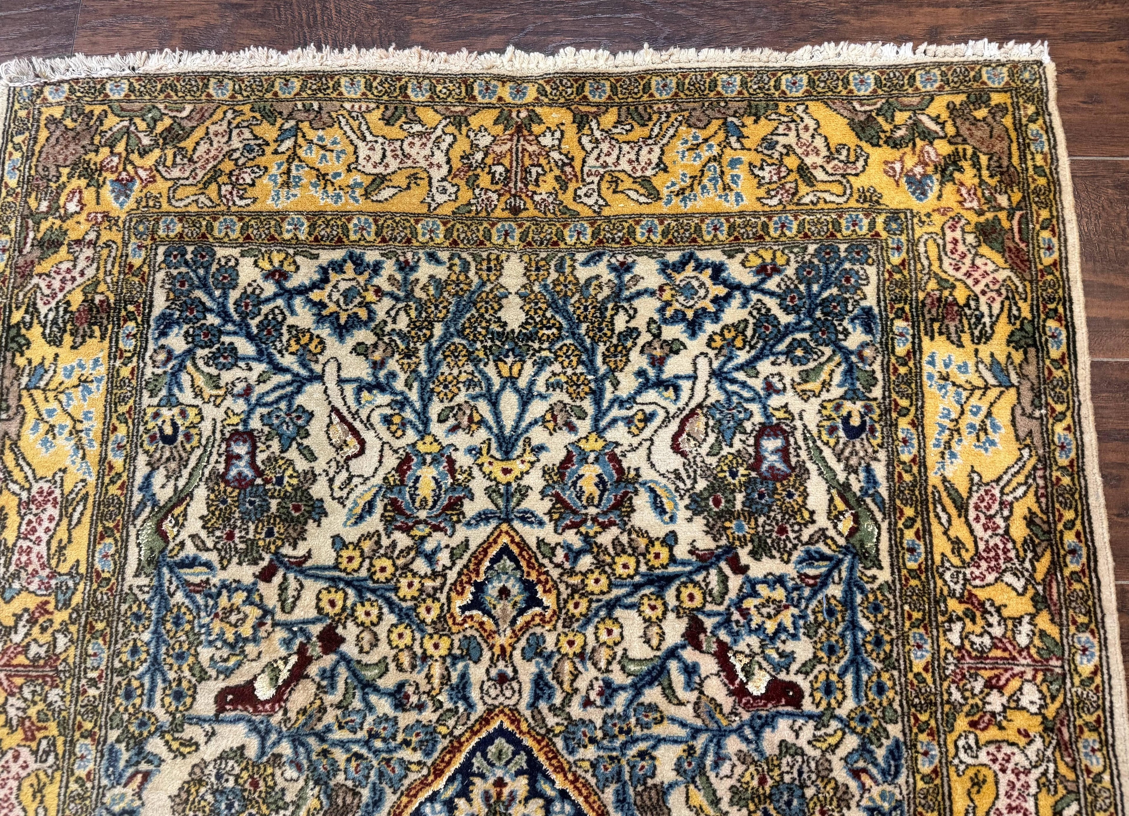 Persian Qum Tree of Life Rug 3.5 x 5.5, Animal Pictorials, Kork Wool with Silk Highlights