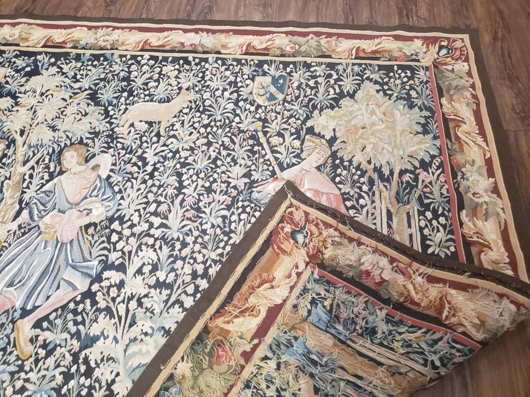 Vintage European Tapestry 5.4 x 7.11, Antique Style European Wall Hanging, Aubusson Weave Handmade Tapestry, Courtship Dating Scene, Animals