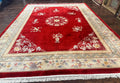 Chinese Wool Rug 8.6 x 11, Red and Beige Asian Oriental Carpet, Plush Pile, Vintage Handmade Chinese Carving Sculpted Rug, Semi Open Field