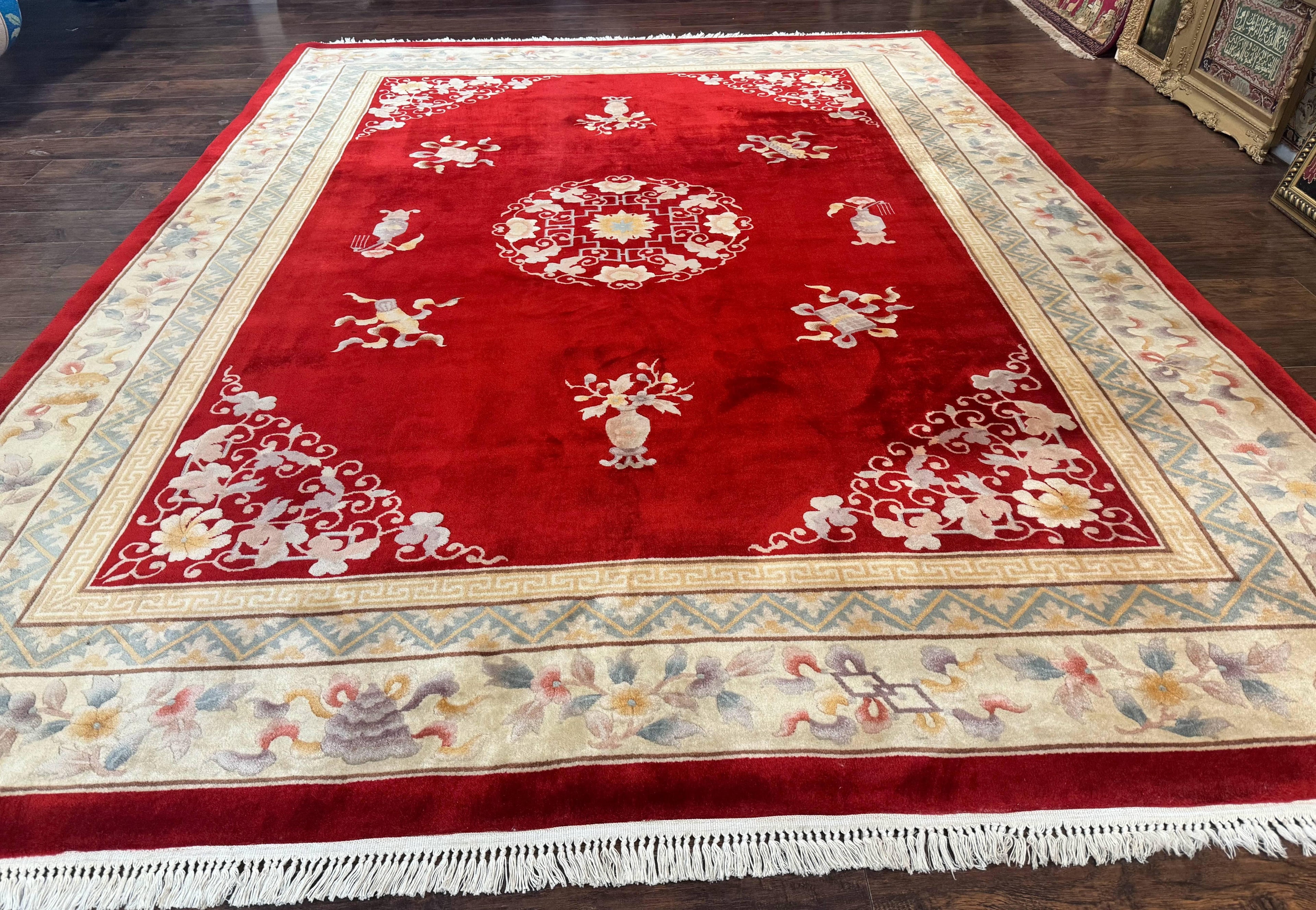 Chinese Wool Rug 8.6 x 11, Red and Beige Asian Oriental Carpet, Plush Pile, Vintage Handmade Chinese Carving Sculpted Rug, Semi Open Field