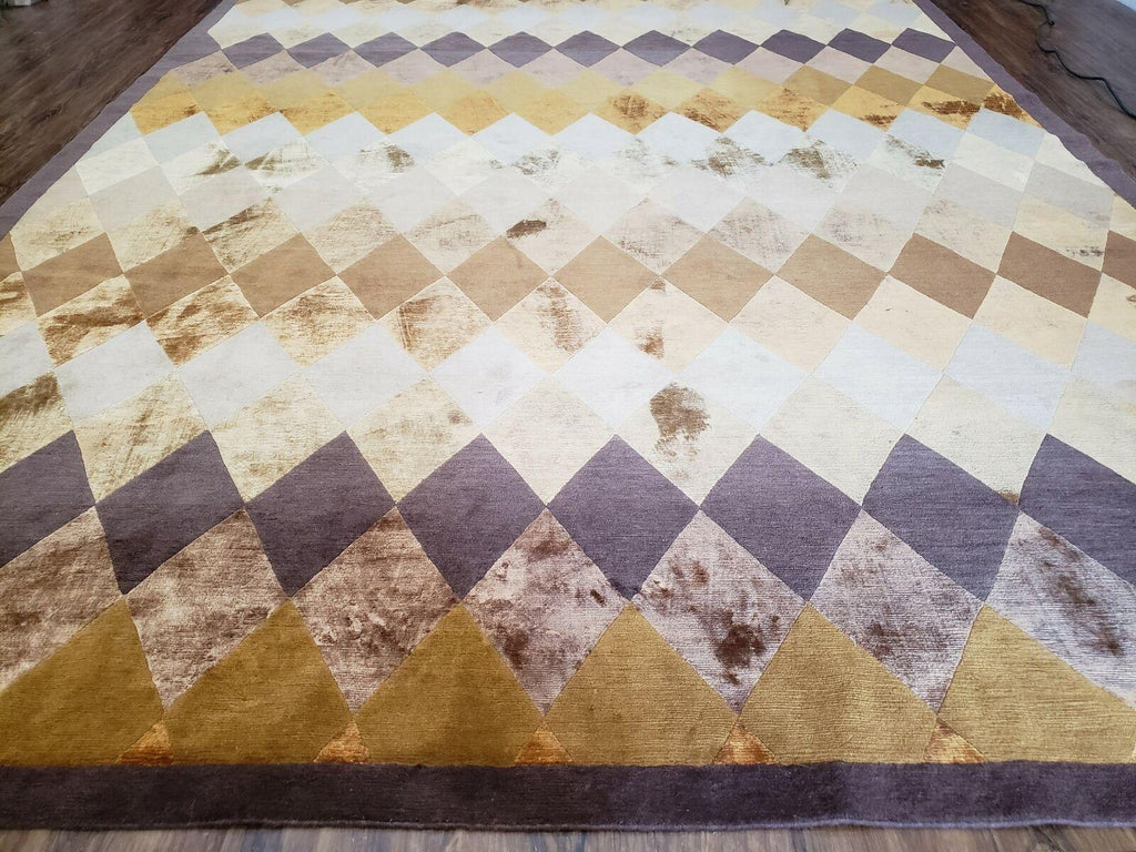 Modern Tibetan Rug 8.6 x 11, Wool and Silk, Multicolor, Diamond Panel Design