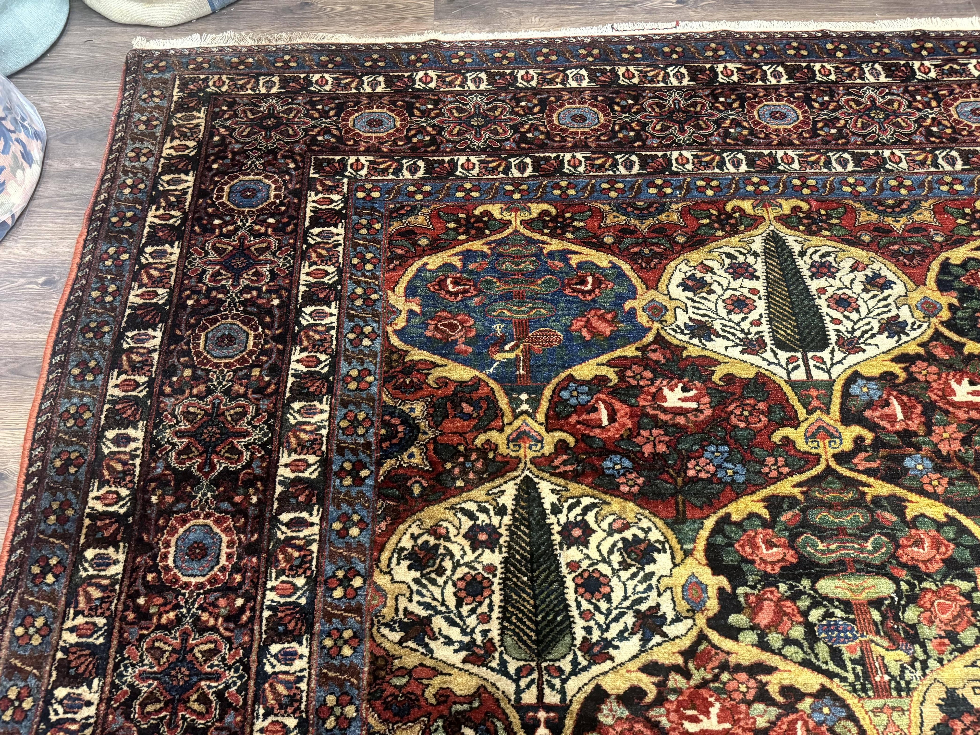 Antique Persian Bakhtiari Rug 12x19, Palace Size Wool Handmade Persian Carpet, Oversized Rug, Panel Design, Peacocks, Multicolor, Rare